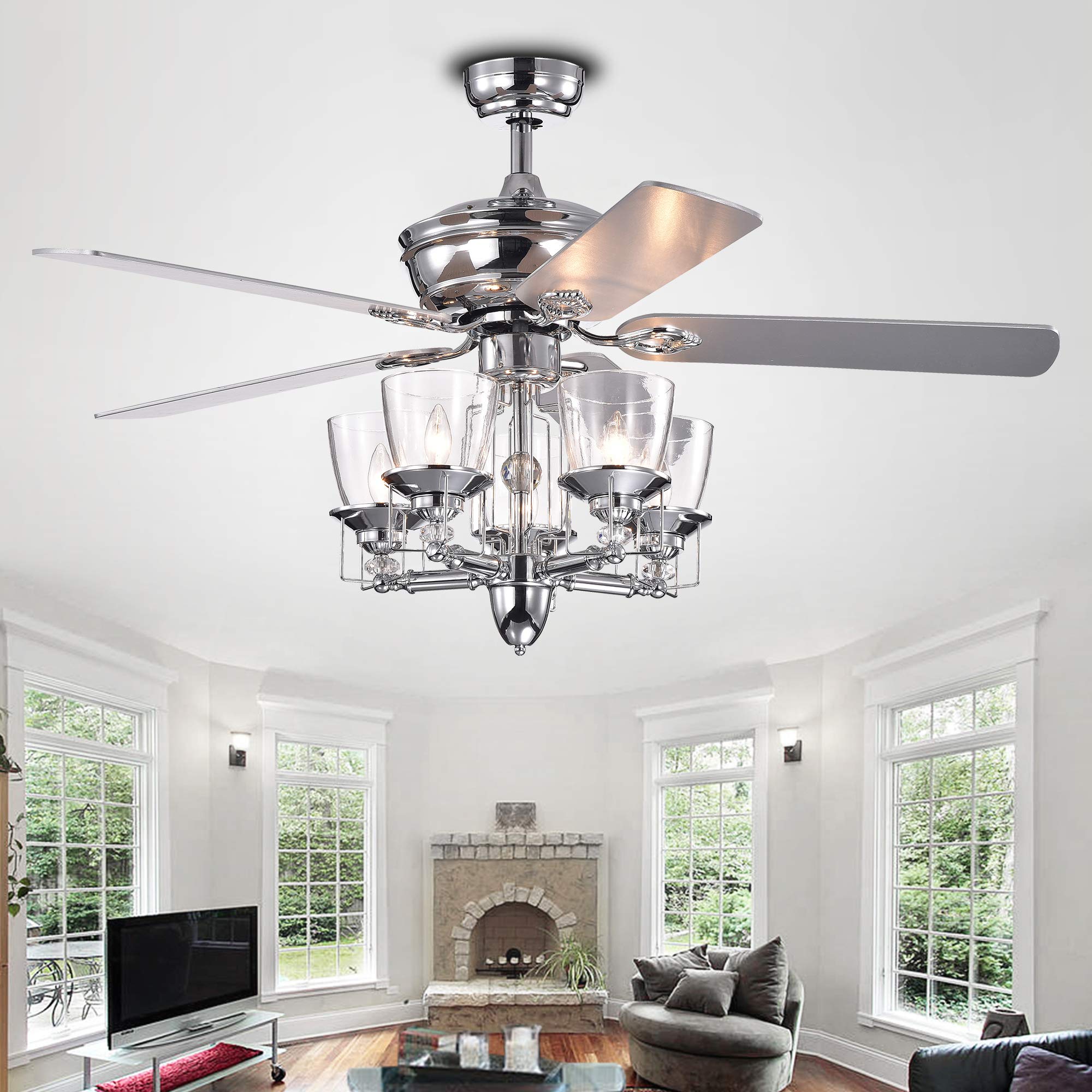 Tiffany Style Chrome Ceiling Fan with Glass Cup Branched Chandelier and LED Lights - Modern Lighting for Living Room, Bedroom, or Dining Room