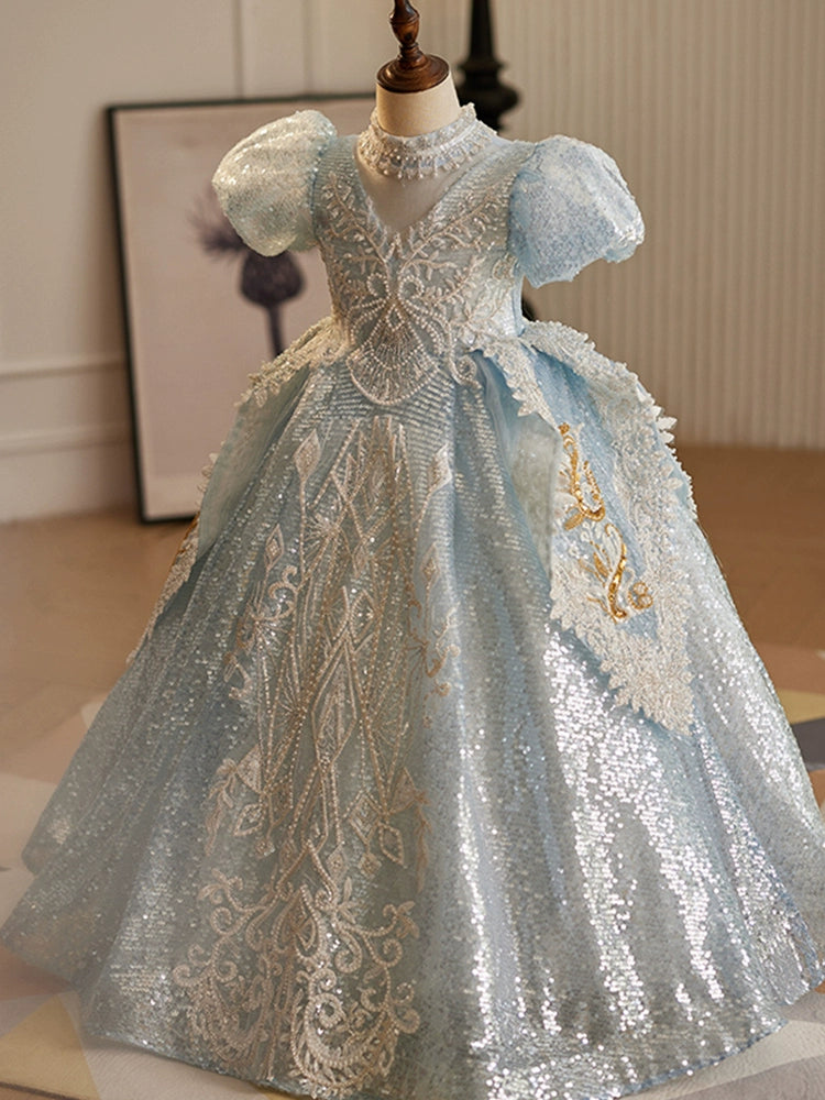 Elegant Blue V-Neck Floor-Length Sequined Flower Girl Dress for Weddings & Special Occasions