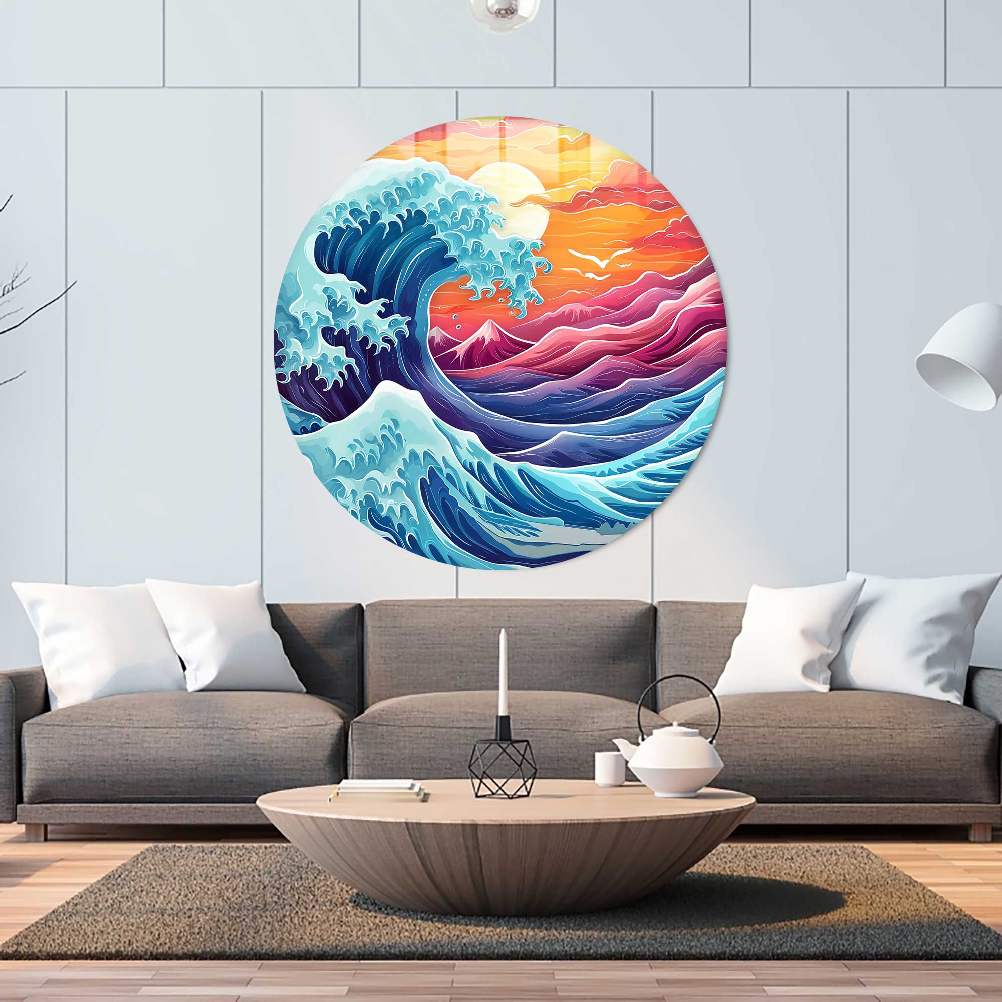 Great Wave Rounded Glass Wall Art - Japanese Ocean Wave Decor for Living Room, Bedroom & Office - Modern Home & Office Decoration