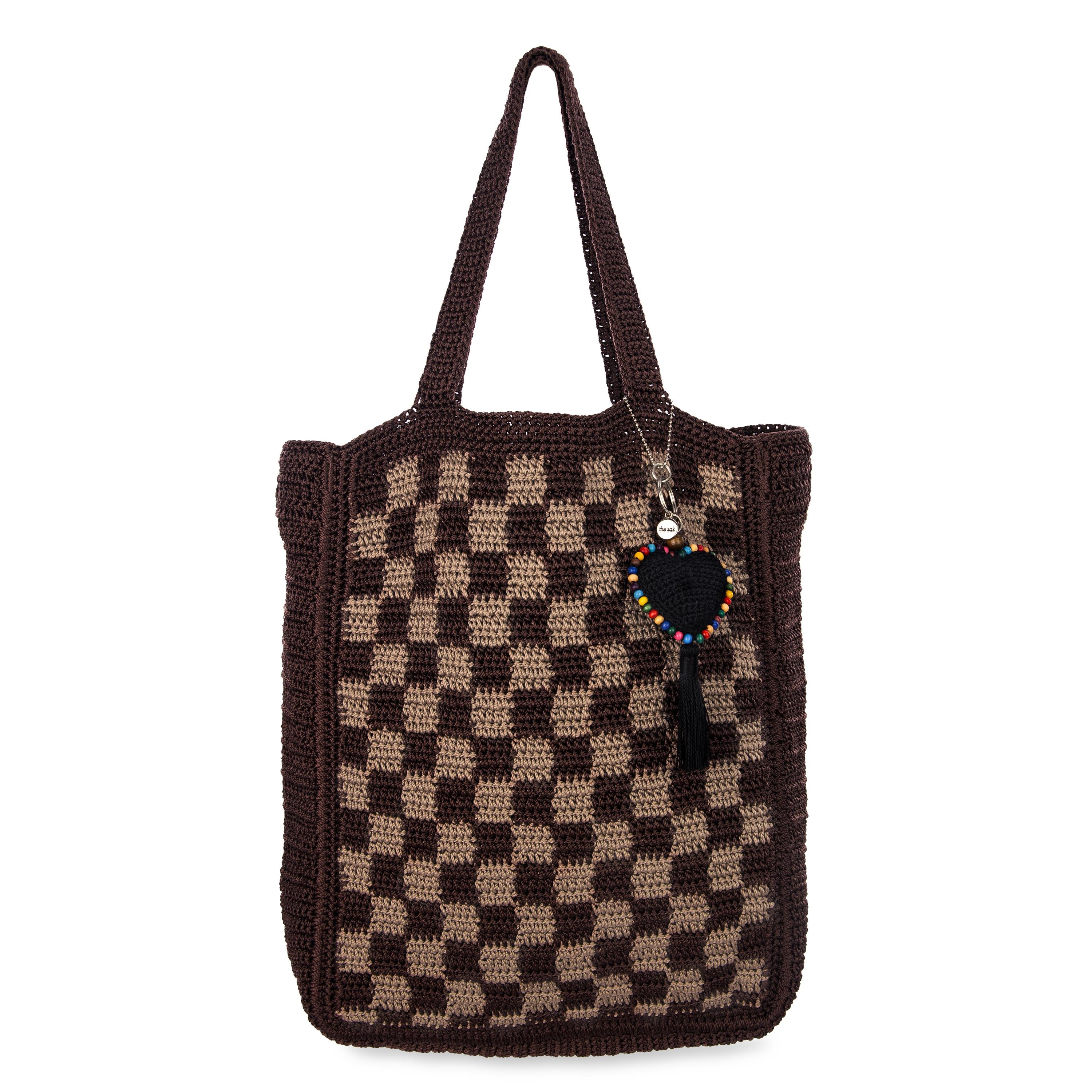 Lanie Market Tote Bag - Hand Crochet Brown Checkered Eco-Friendly Shopping Bag - Perfect for Groceries, Beach Trips & Farmers Market