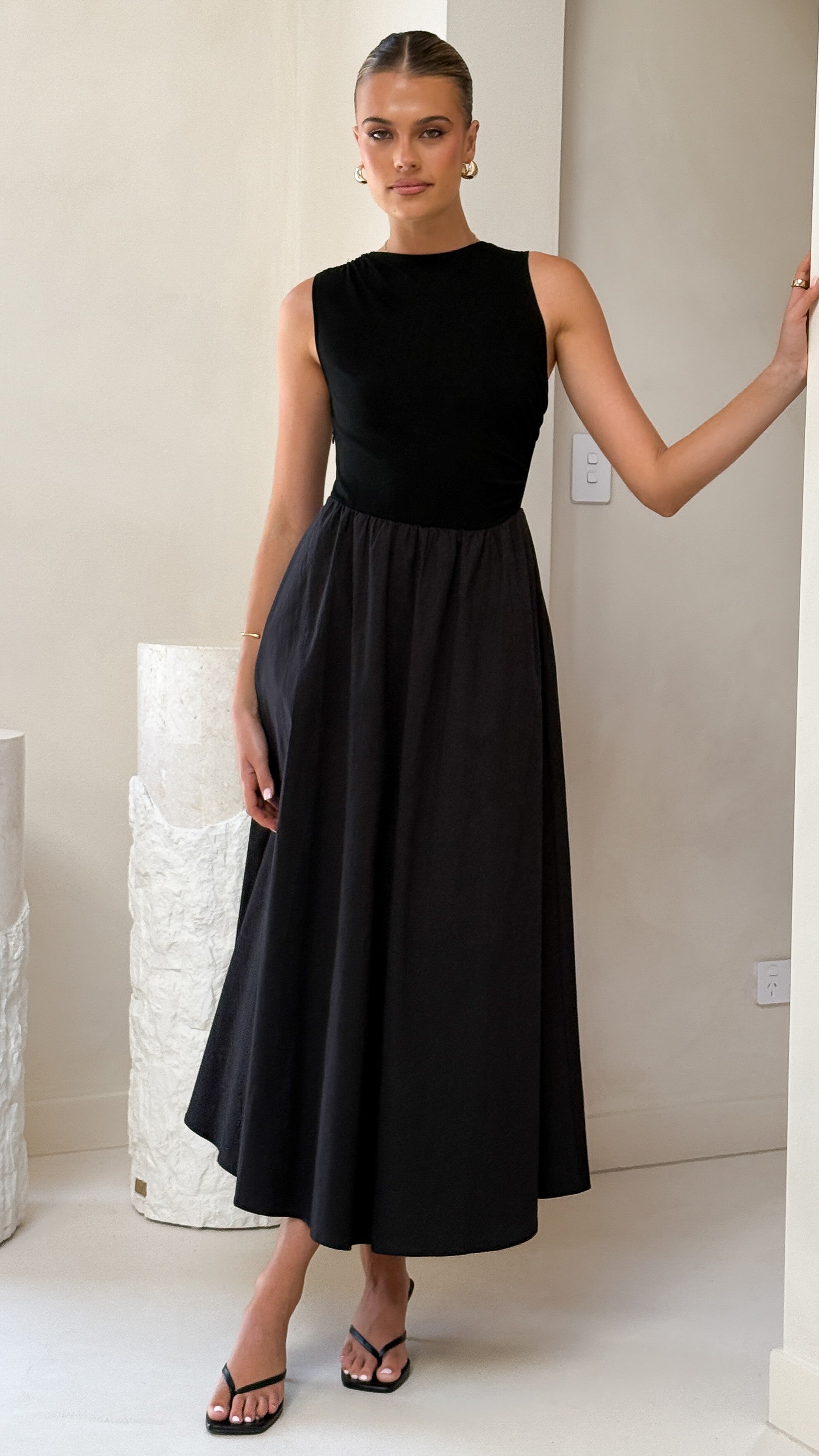 Aria Sleeveless Midi Dress for Women - Elegant Black Summer Dress for Casual Wear, Office, and Evening Out