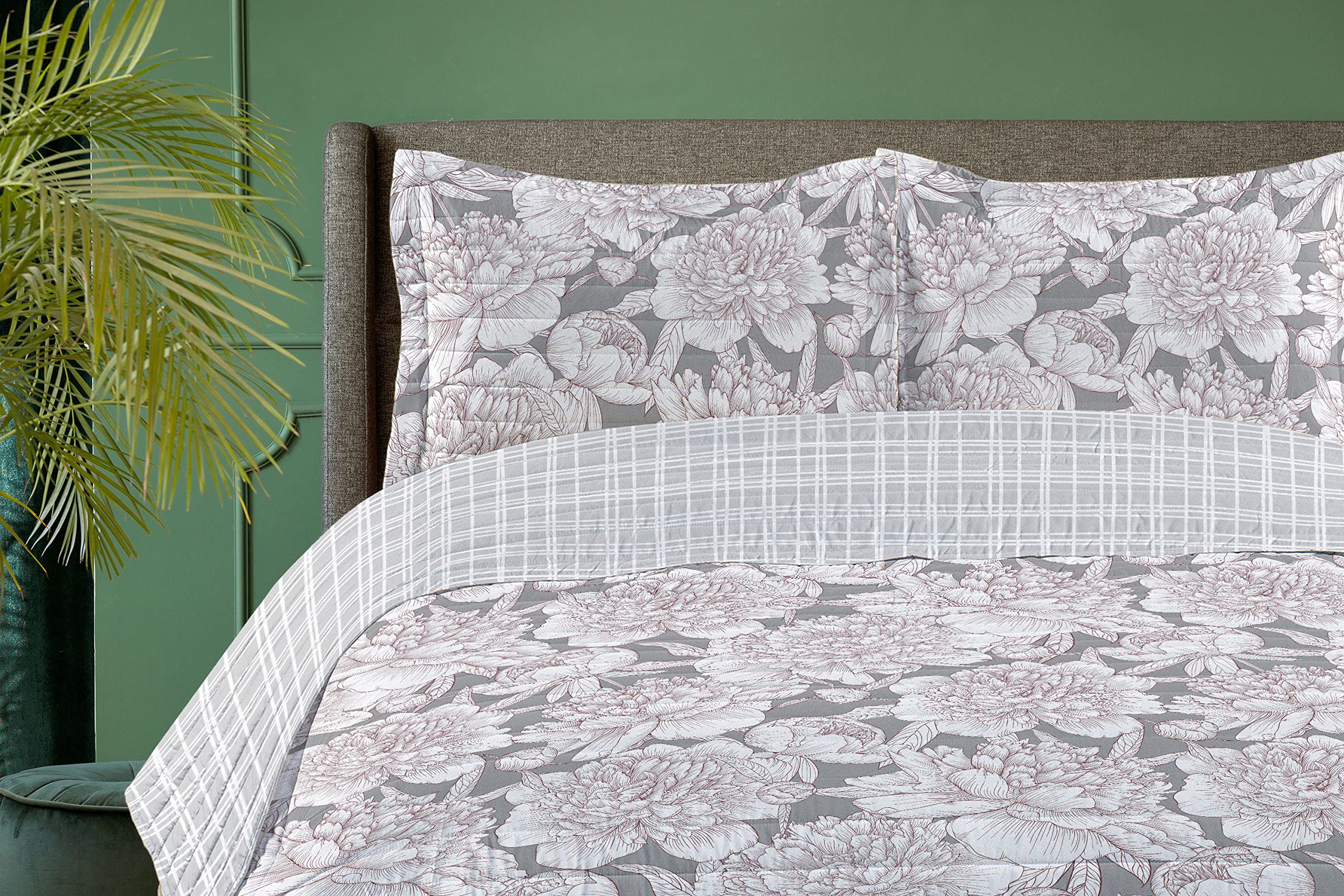 Ambesonne Floral Reversible Queen Size Bedspread Set - Hand Drawn Rose, Chamomile & Peonies Design, Microfiber Comforter with Pillow Shams, Taupe Grey | Earthy Botanical Bedroom Decor for Master Bedroom, Guest Room & Cozy Farmhouse Style