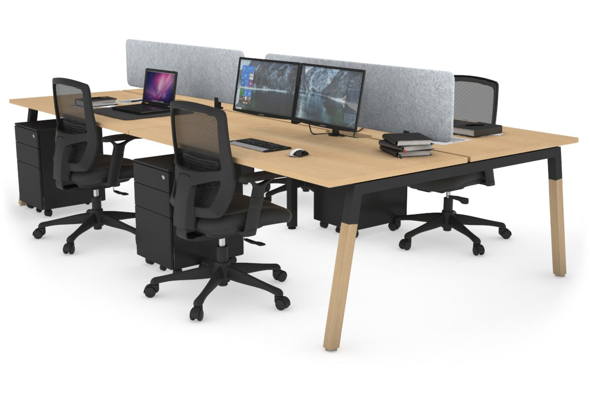 Quadro A Legs 4-Person Office Workstation with Wood Legs & Cross Beam - 1400L x 800W Dimensions, Cable Management Scallop | Perfect for Collaborative Workspaces & Modern Offices