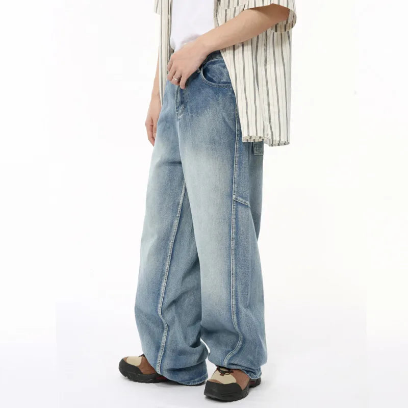 American Style Men's Denim Pants - Casual Multi-Level Patchwork Straight Leg Loose Fit Wide Leg Male Jeans (Chic 9C6432) | Perfect for Streetwear, Casual Outings & Urban Fashion