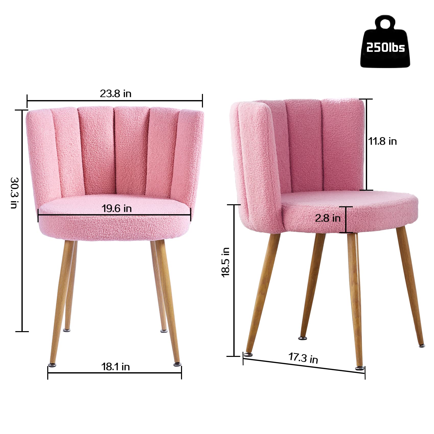 Pink Sherpa Accent Chairs Set of 2 - Mid Century Modern Upholstered Side Chairs for Dining Room, Living Room, Bedroom & Vanity - Cozy Seating for Home Office, Reading Nook & Lounge Areas