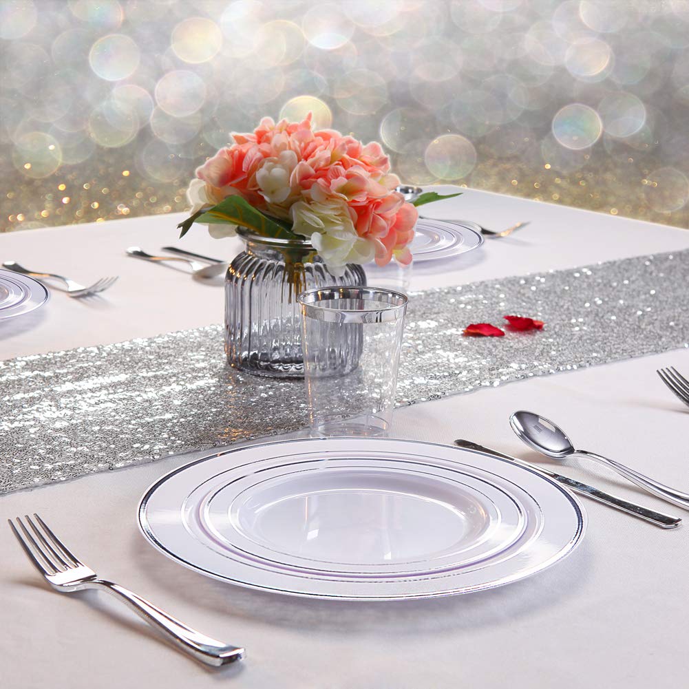 175-Piece Silver Plastic Dinnerware Set - Disposable Christmas Plates & Cutlery (25 Dinner Plates, 25 Salad Plates, 25 Forks, 25 Knives, 25 Spoons, 25 Tumblers) - Elegant Party Tableware for Holiday Gatherings, Weddings & Events