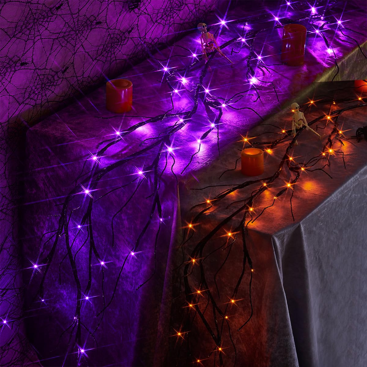 Fudios 6FT Halloween Garland with 48 Orange & Purple LED Lights - Battery Operated Glitter Black Decor for Mantle, Wall, Party (8 Lighting Modes) | Perfect for Halloween Home Decoration, Spooky Porch Display & Themed Party Backdrop