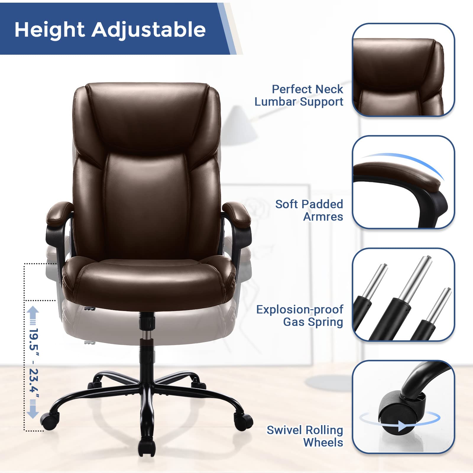 Ergonomic High Back Executive Office Chair - Adjustable PU Leather Managerial Swivel Task Chair with Lumbar Support for Home & Office Use, Brown - Perfect for Long Work Hours, Video Conferencing and Computer Workstations