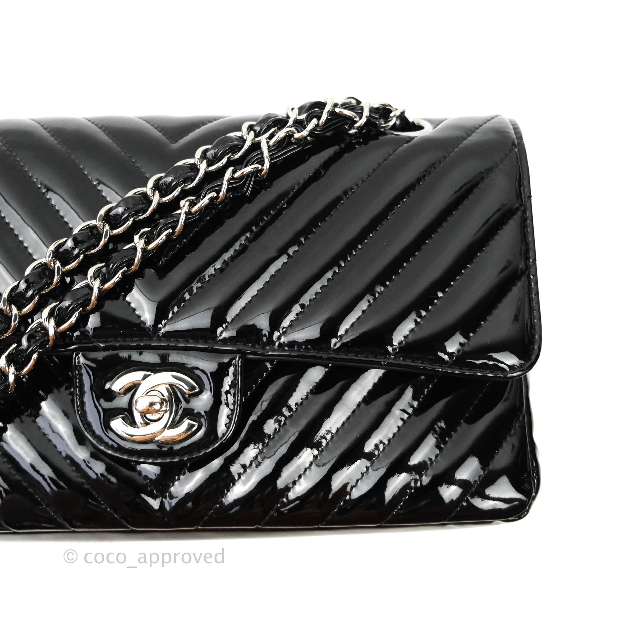 Chanel Classic Chevron M/L Medium Double Flap Bag - Black Patent Leather with Silver Hardware | Luxury Designer Handbag for Women, Perfect for Work, Evening Events & Special Occasions