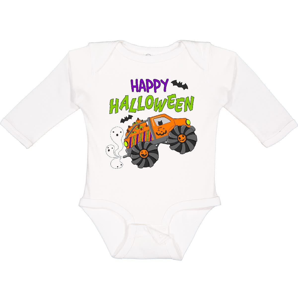 Inktastic Happy Halloween Monster Truck with Pumpkins & Bats - Long Sleeve Creeper Shirt for Kids | Spooky Costume, Trick or Treating, Halloween Party Outfit