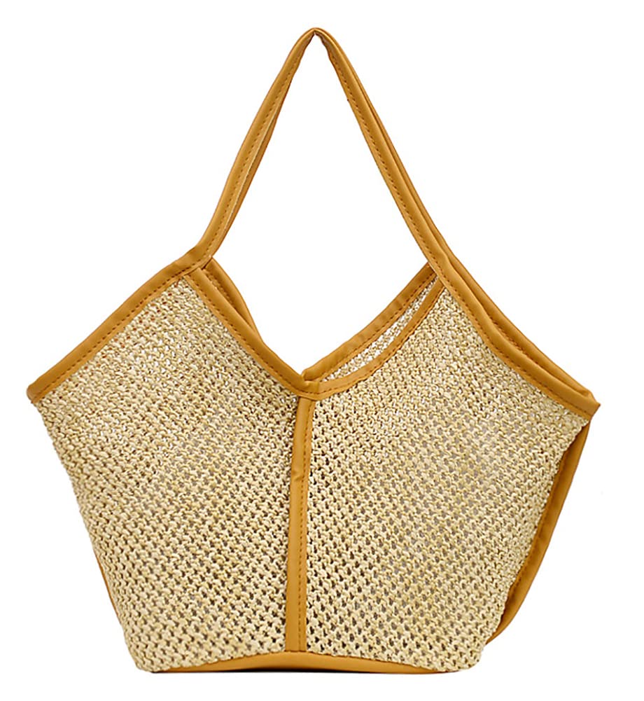 Women's Woven Straw Tote Bag - Leather Trim Beach & Shopping Handbag