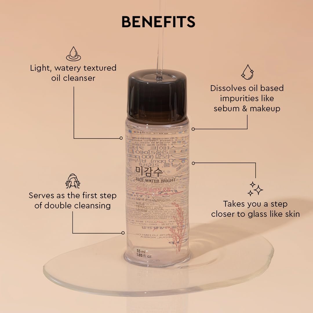 The Face Shop Rice Water Bright Light Cleansing Oil - Korean Makeup Remover for Face, Eyes & Lips | Gently Removes Waterproof Makeup & Brightens Skin with Rice Water Extract (55ml) | Perfect for Daily Skincare & Travel-Friendly Beauty Routine