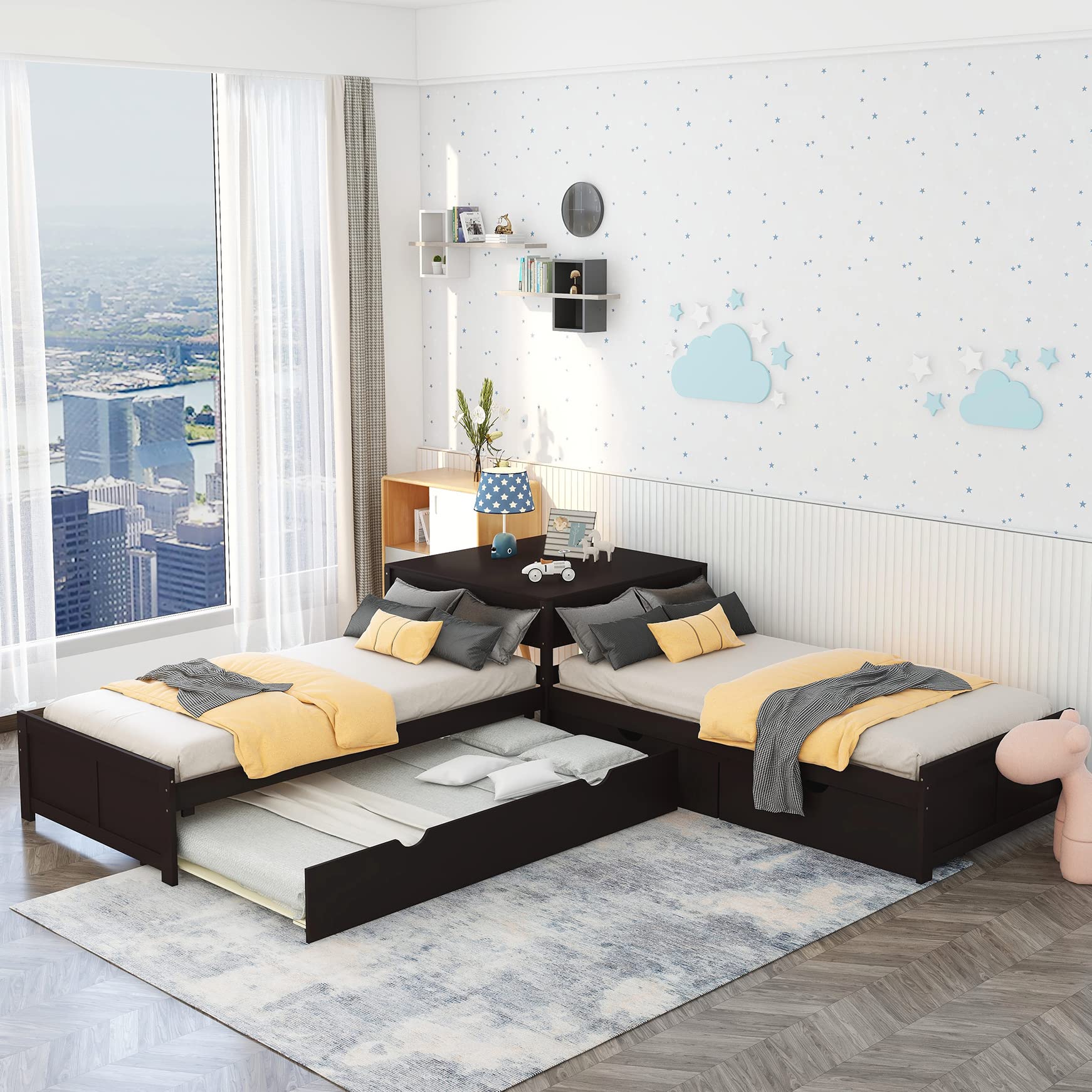 Bellemave L-Shaped Twin Platform Bed with Desk & Storage Drawers - Modern Wooden Bed Frame with Trundle, 3-in-1 Space-Saving Design in Espresso Finish - Perfect for Small Bedrooms, Dorm Rooms & Studio Apartments