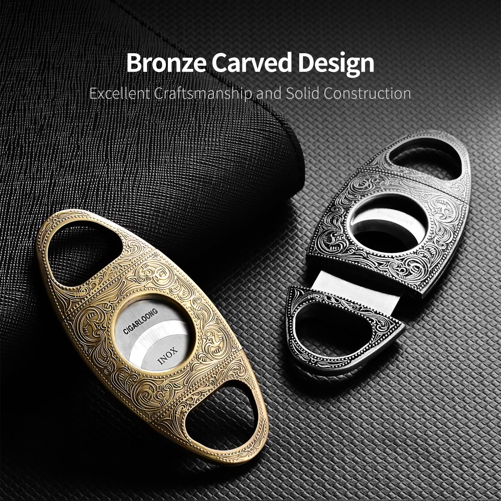 Premium Stainless Steel Bronze Engraved Double Blade Cigar Cutter - Gold Finish | Perfect for Cigar Aficionados, Gifts & Luxury Smoking Accessories | Ideal for Home Bars, Outdoor Smoking & Special Occasions