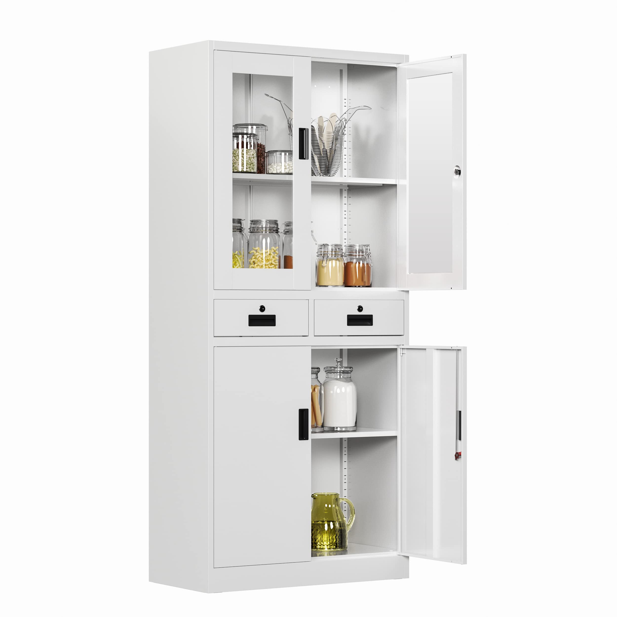 71'' Tall White Metal Storage Cabinet with Locking Doors & Adjustable Shelves - Freestanding Glass Display Cabinet for Kitchen Pantry, Living Room, or Office Organization
