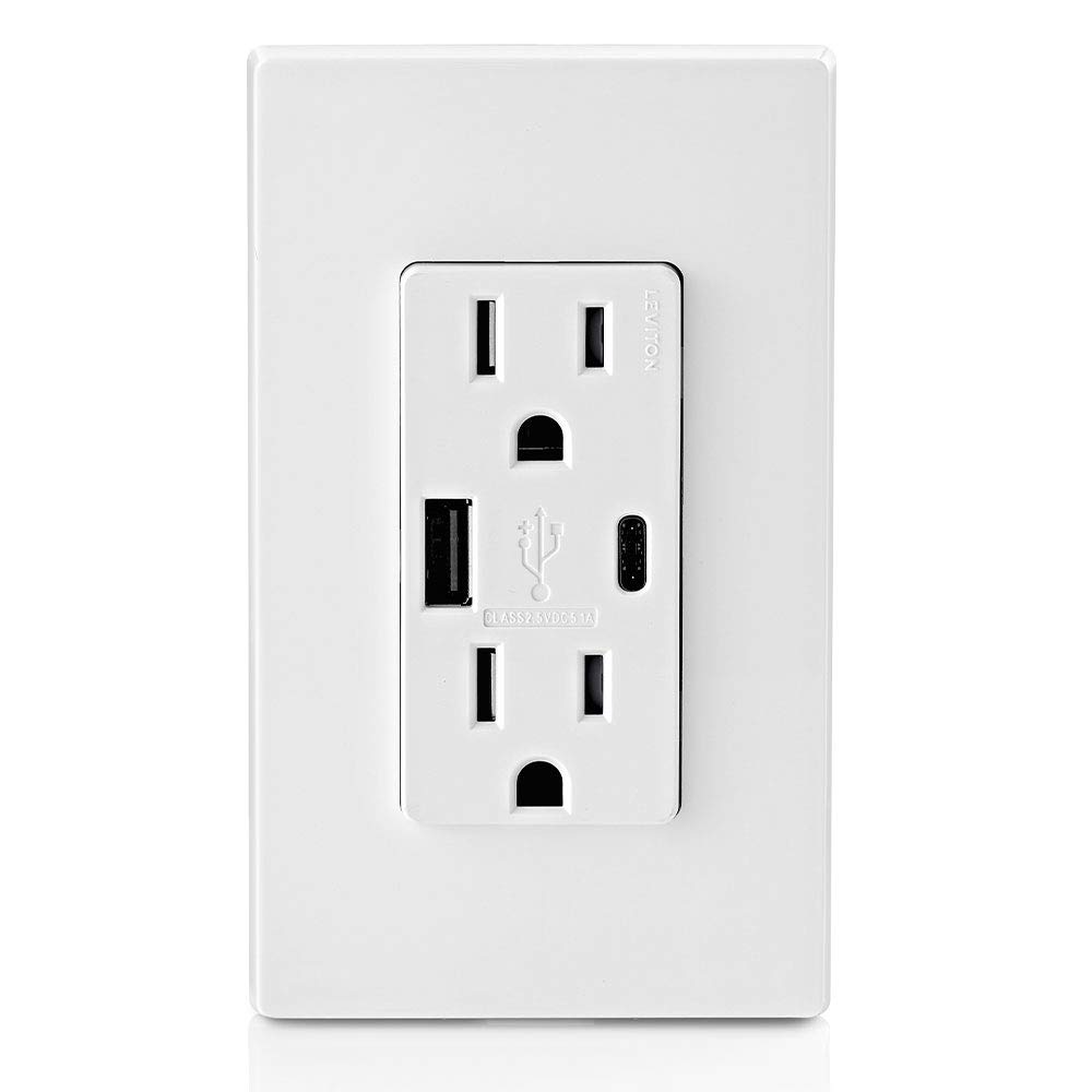 Leviton T5633-W 15A Tamper-Resistant USB Wall Outlet - Dual Type A & Type C Charger for iPhone, Android Smartphones & Tablets | White In-Wall Charging Station for Home, Office & Hotel Use