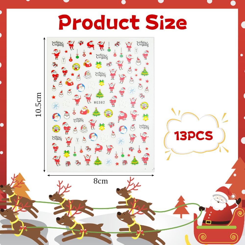 Christmas Nail Art Stickers - 13 Sheets Winter Snowflake/Santa/Reindeer Nail Decals - Self-Adhesive Nail Stickers for Women & Girls - Perfect for Holiday Parties & DIY Manicures