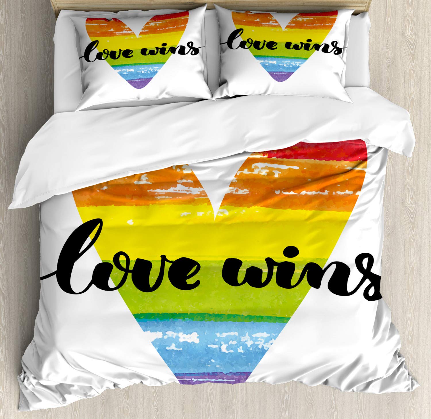 Ambesonne Pride Duvet Cover Set - Watercolor Gay Marriage Heart Design with Inspirational Hand Lettering, 3-Piece Decorative Bedding Set with 2 Pillow Shams, California King Size, Multicolor - Perfect for LGBTQ+ Couples' Bedrooms, Pride Month Decor & Rainbow-Themed Home Styling