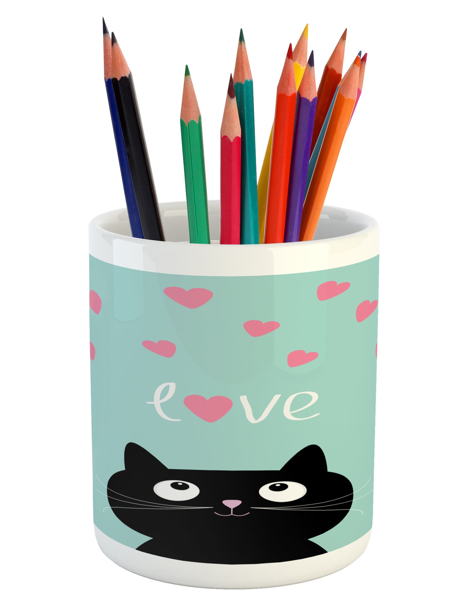 Valentine's Day Ceramic Pencil Holder - Cute Kitty Heart Cat Illustration Desk Organizer, 3.6