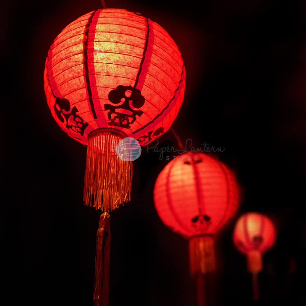 12 Inch Traditional Chinese New Year Paper Lantern String Lights - 31 FT Expandable LED Lantern Decor with Black Cord for Holiday Party, Wedding, Garden & Home Decoration | PaperLanternStore.com