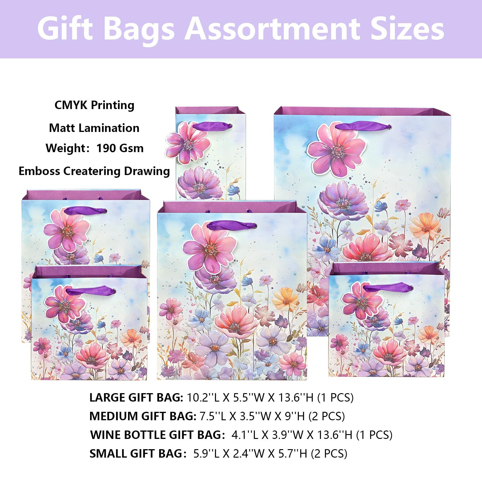 6 Pack Purple Floral Embossed Gift Bags with Handles - Includes 8 Tissue Papers for Baby Showers, Birthdays, Weddings & Special Occasions - Perfect for Girls, Women & Party Favors