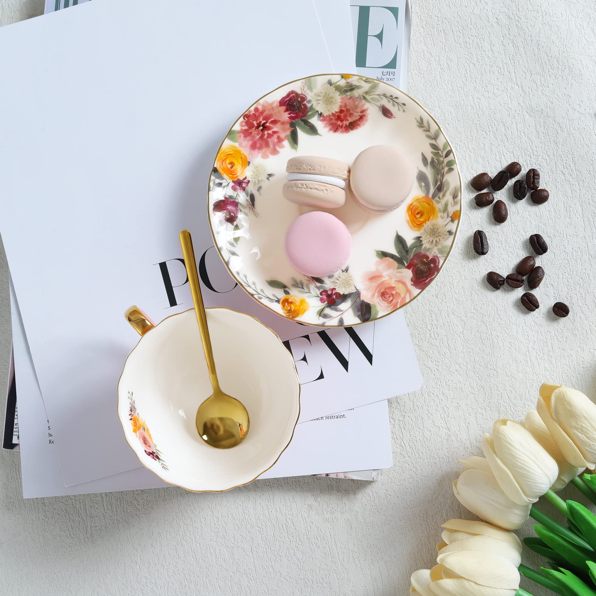 Fanquare English Pink Tea Cup Set - Floral Porcelain Tea Cup with Spoon & Saucer, 7oz Ceramic Tea Set for Afternoon Tea, Bridal Shower, or Gift
