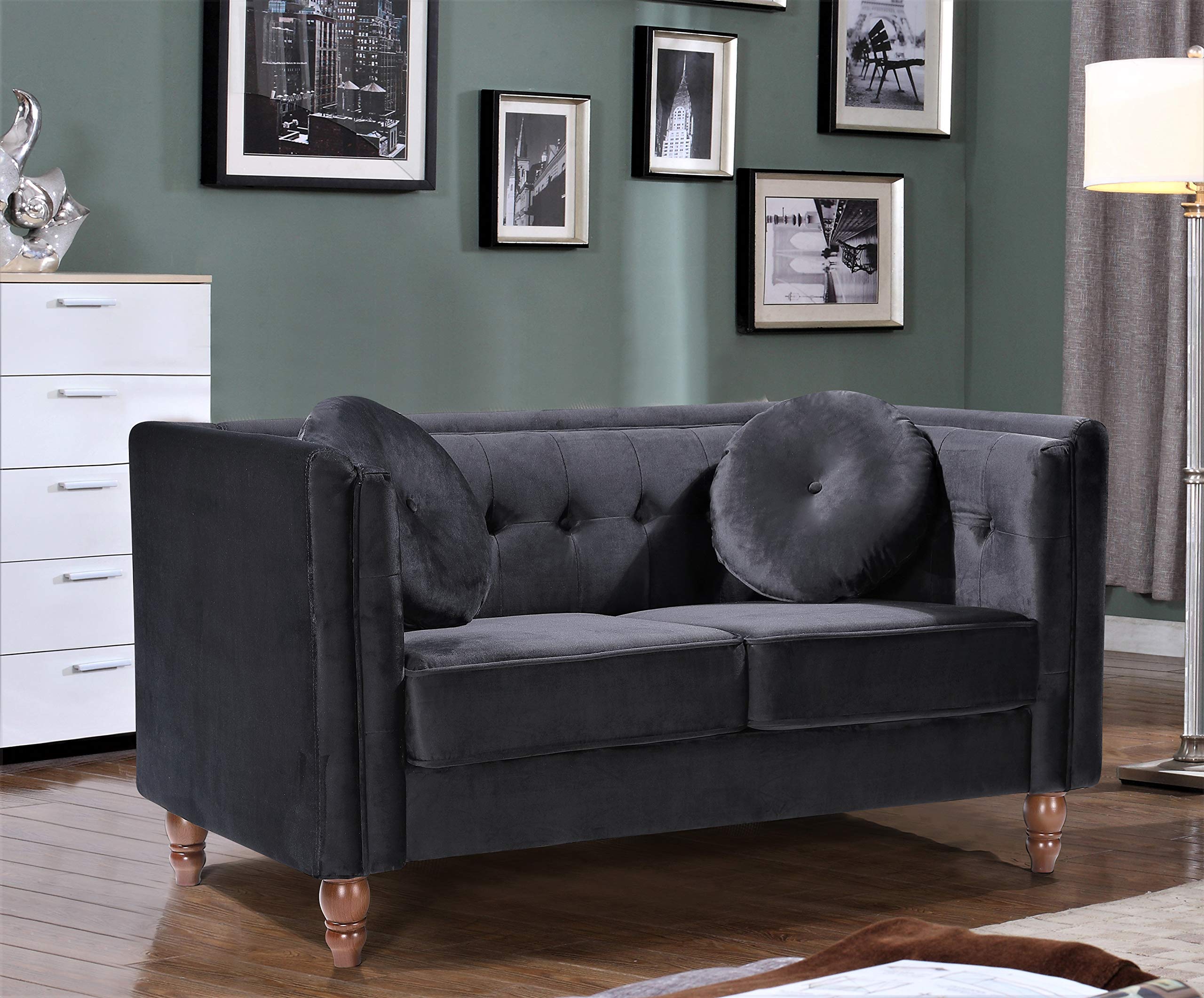 Lexie Velvet Mid Century Chesterfield Sofa Set - 3PC Modern Loveseat & Accent Chairs for Living Room, Apartment, Bedroom & Office - Black Velvet Upholstery | Perfect for Small Spaces, Cozy Reading Nooks & Stylish Home Decor