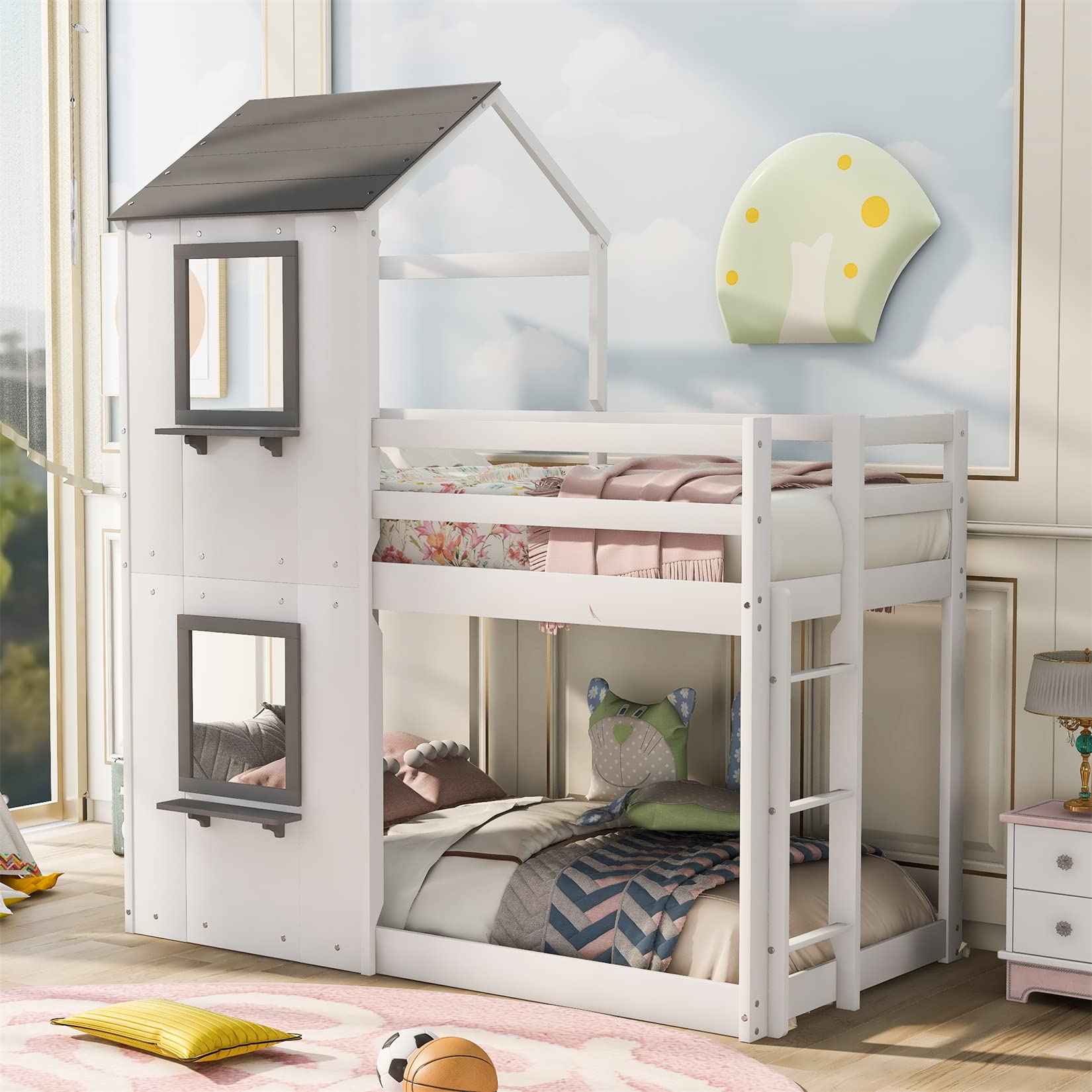Twin Over Twin Wooden Bunk Bed Frame for Kids & Teens - Sturdy House Bunk Beds for Boys & Girls (White) - Perfect for Kids' Bedrooms, Dormitories & Space-Saving Home Decor