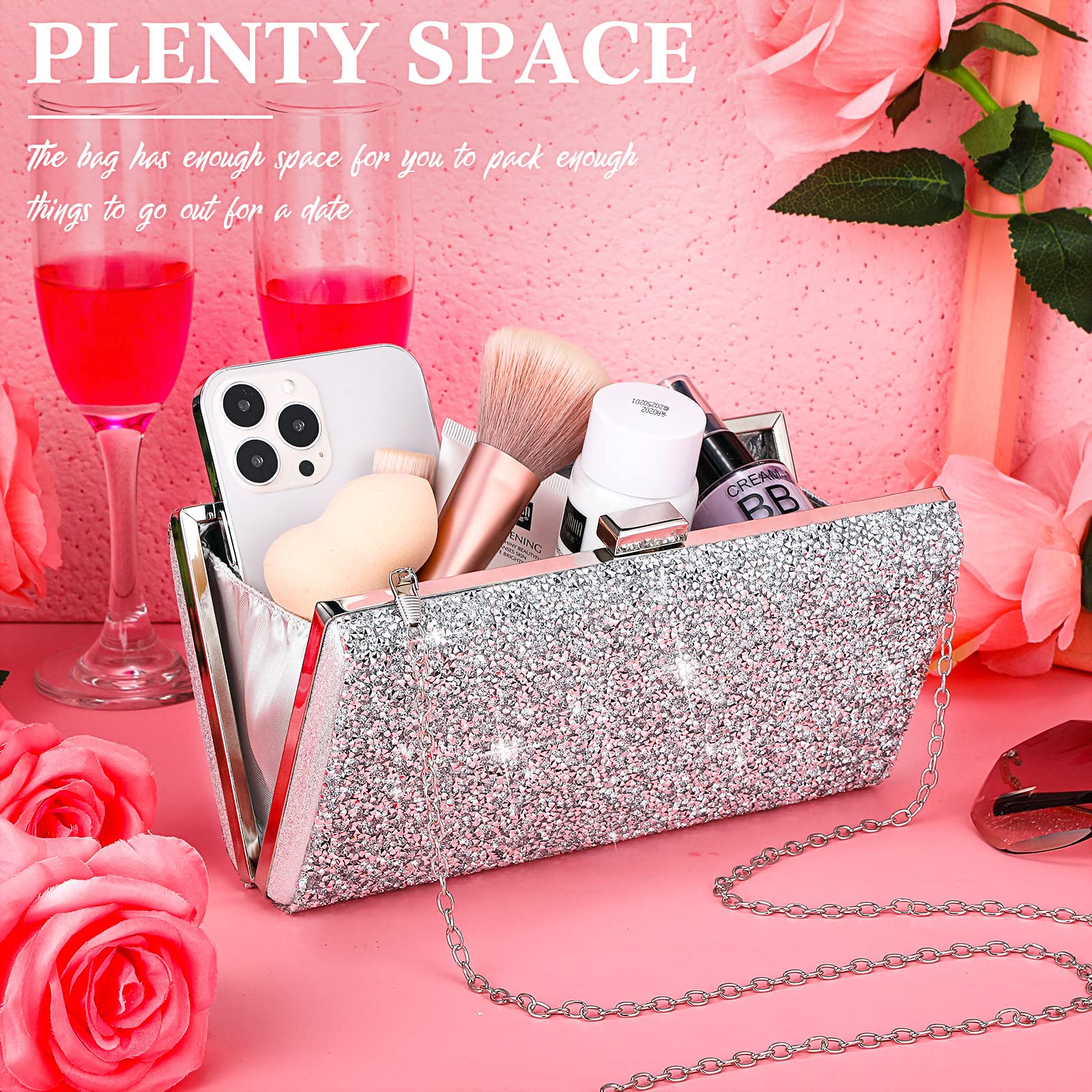Sparkling Rhinestone Evening Clutch Purse for Women - Double Sided Glitter Handbag with Chain Strap, Crossbody & Shoulder Bag for Wedding, Party, Prom, Date Night & Special Occasions