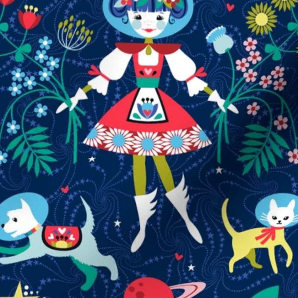 Folk Art Scandinavian Space Dogs Cat Planets Moon Print Velvet Upholstery Fabric by The Yard - Home Decor, Apparel & DIY Projects | Perfect for Curtains, Pillows, Sofas & Crafting
