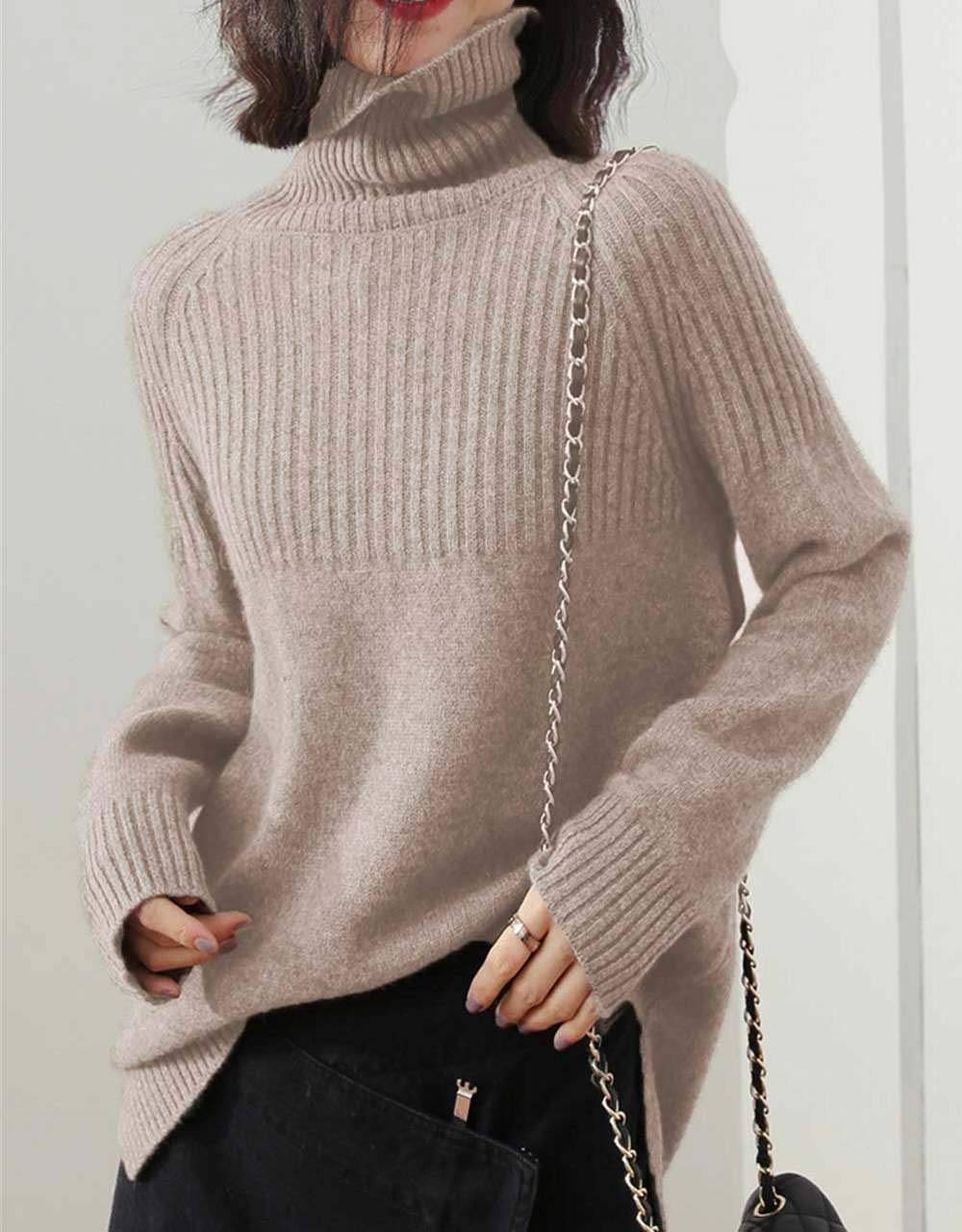 Women's Merino Wool Turtleneck Sweater - Loose Knit Pullover for Winter