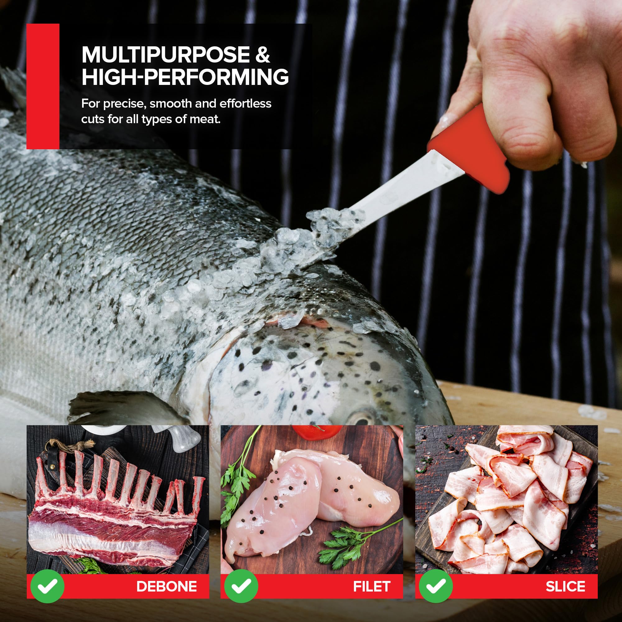 Premium 6 Inch Boning Knife - Ultra Sharp Stainless Steel Blade for Meat Cutting, Deboning & Filleting | Ergonomic Red Plastic Handle | Professional Butcher Knife for Home Kitchen & BBQ | Perfect for Beef, Poultry, Fish and Game Processing
