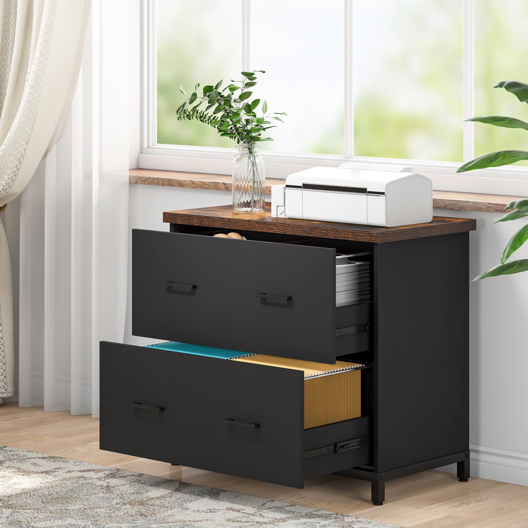 Tribesigns 2-Drawer Wood Lateral File Cabinet - Home Office Storage for A4 & Letter Size Documents - Brown & Black Filing Cabinet for Office Organization & Paper Storage