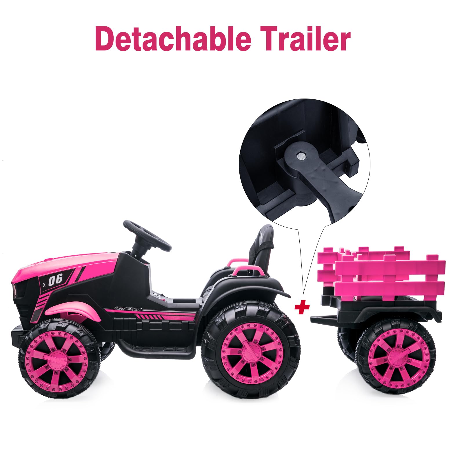 GARVEE 12V Kids Ride On Tractor with Trailer - Pink Battery Powered Toy Car with LED Lights for Boys & Girls | Outdoor Play, Backyard Fun, Birthday Gift for Toddlers