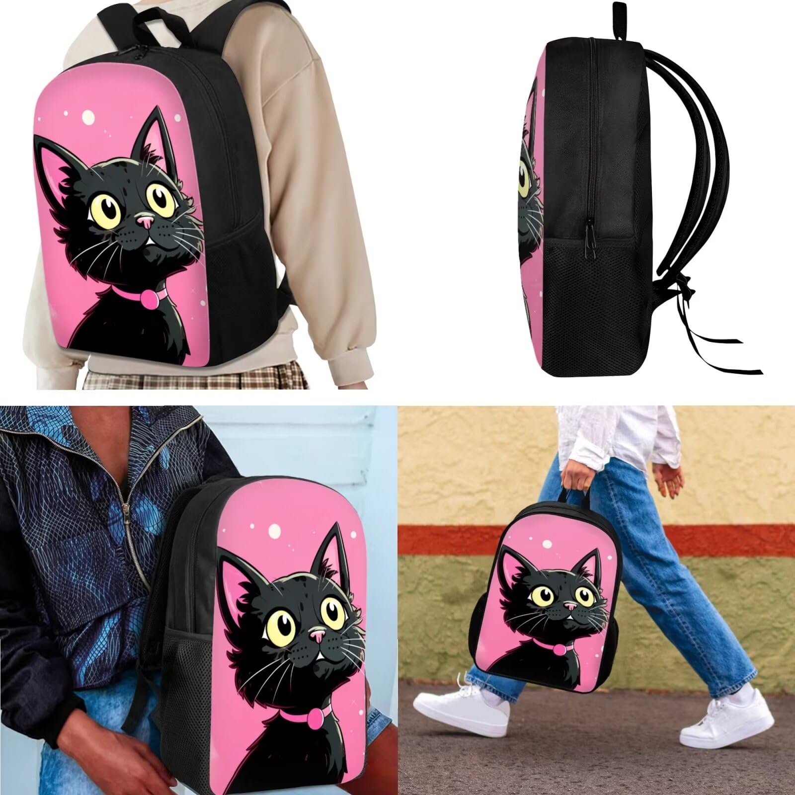Black Cat Backpack for Teen Girls - 3-in-1 School Bag Set with Lunch Box & Pencil Case - 17 Inch Pink Bookbag for Elementary & Middle School (5th/6th Grade) - Perfect for School, Travel & Daily Use