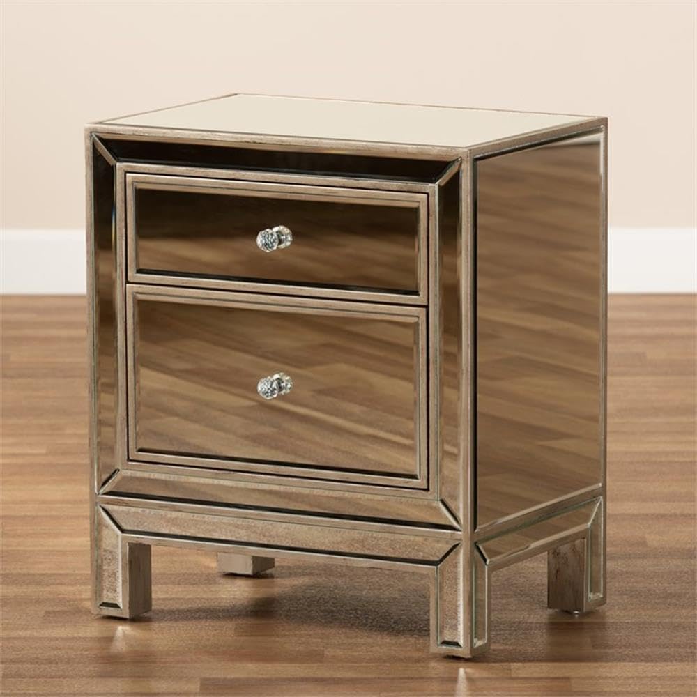 Baxton Studio Fadri Contemporary Glam Mirrored Nightstand with 2 Drawers - Luxury Bedroom Furniture for Modern Home Decor