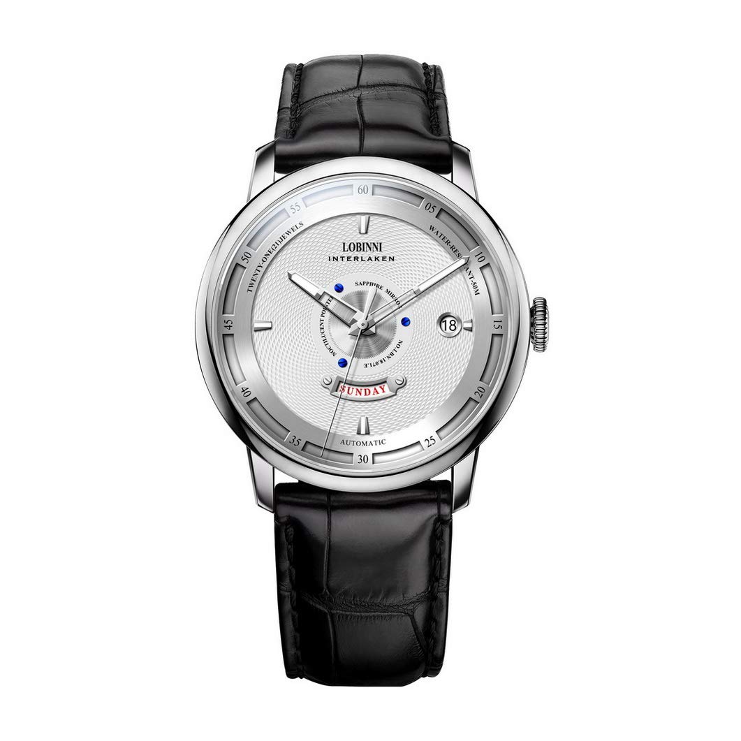 LOBINNI Men's Automatic Self-Winding Mechanical Watch - Stainless Steel Luxury Wristwatch with Sapphire Crystal, Date & Week Display, 50m Waterproof - Perfect for Business, Formal Events & Everyday Wear