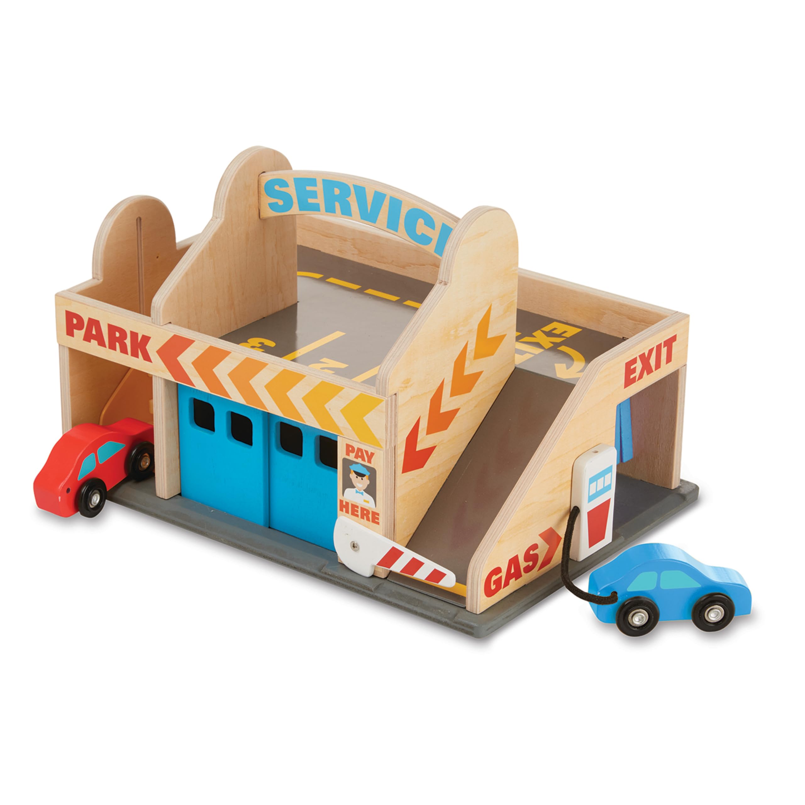 Melissa & Doug Wooden Service Station Parking Garage Toy Set with 2 Cars & Drive-Thru Car Wash - Perfect for Kids Pretend Play & Early Learning (SIOC)