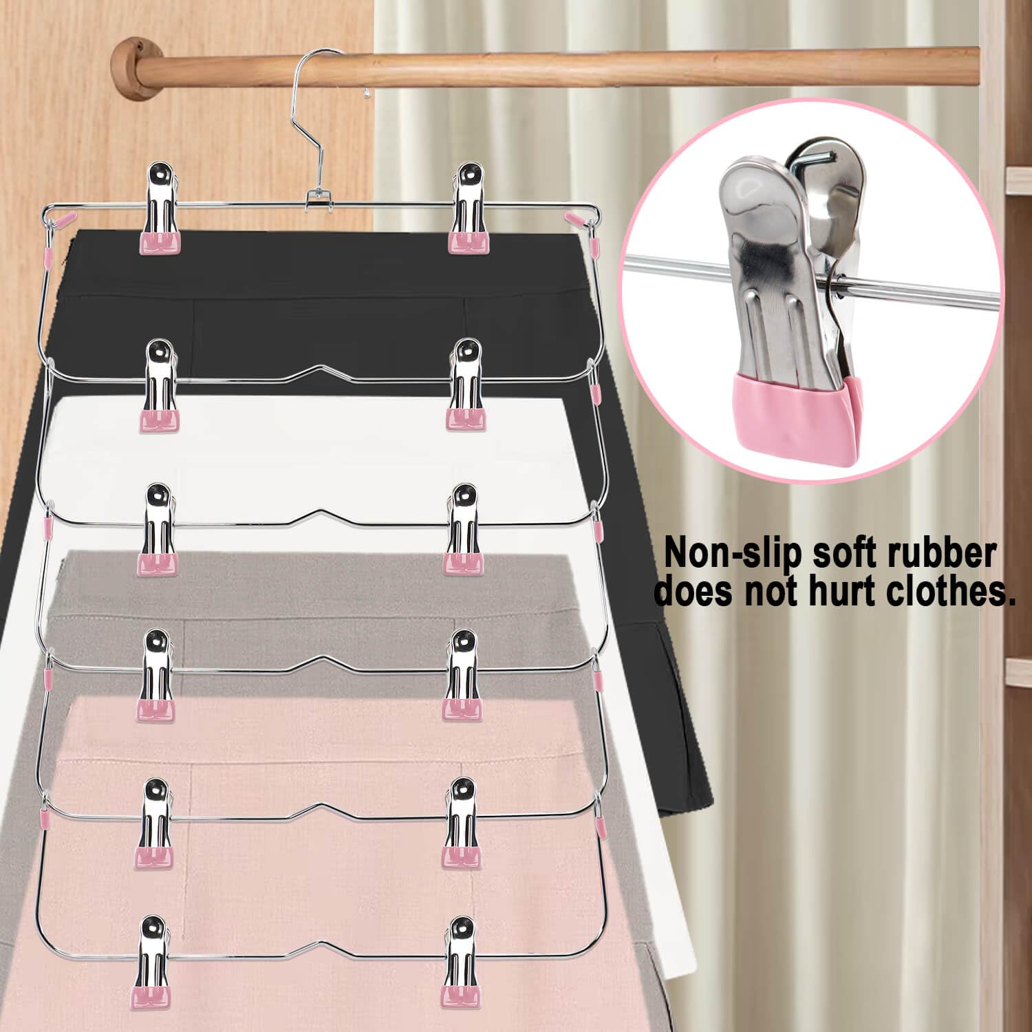 6-Tier Metal Skirt & Pants Hangers with Non-Slip Clips - Space Saving Closet Organizer for Shorts, Skirts & Clothes (Pink, Set of 4) - Perfect for Wardrobe Organization & Small Closet Storage