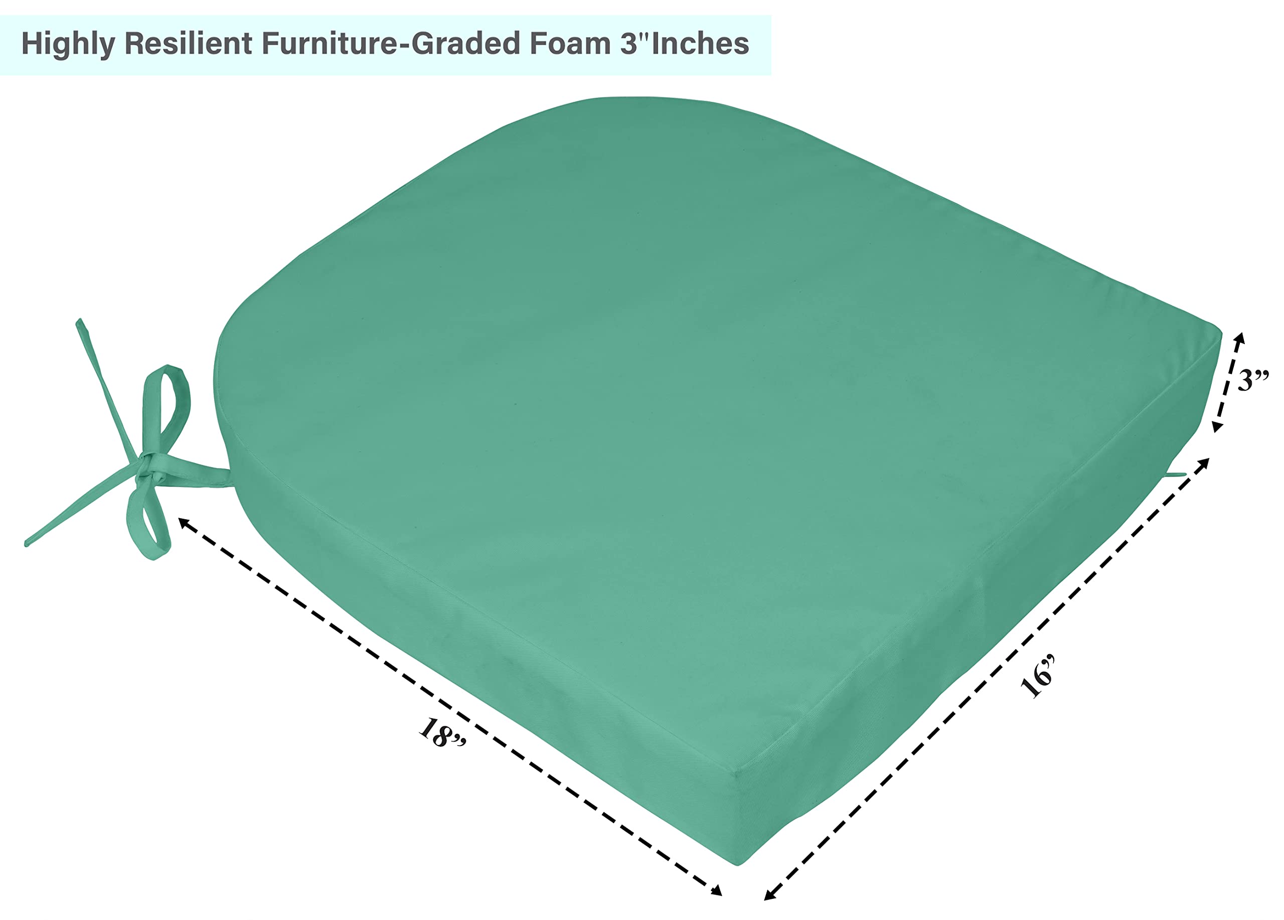 Premium Indoor/Outdoor Chair Cushions 16x18 Inch with Ties - Rounded Back Patio Seat Cushions Set of 2 in Aquamarine Blue - Waterproof Garden Furniture Cushions for Patio Chairs, Deck, Porch & Poolside Lounging