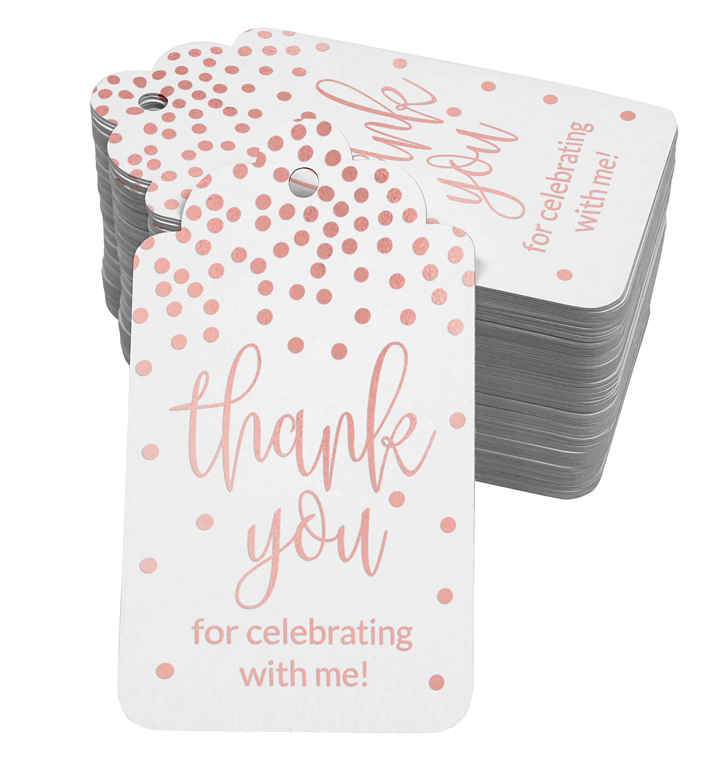100 Pack Real Rose Gold Foil Thank You Birthday Tags - Elegant Celebration Party Favor Hang Tags for Weddings, Baby Showers & Special Events