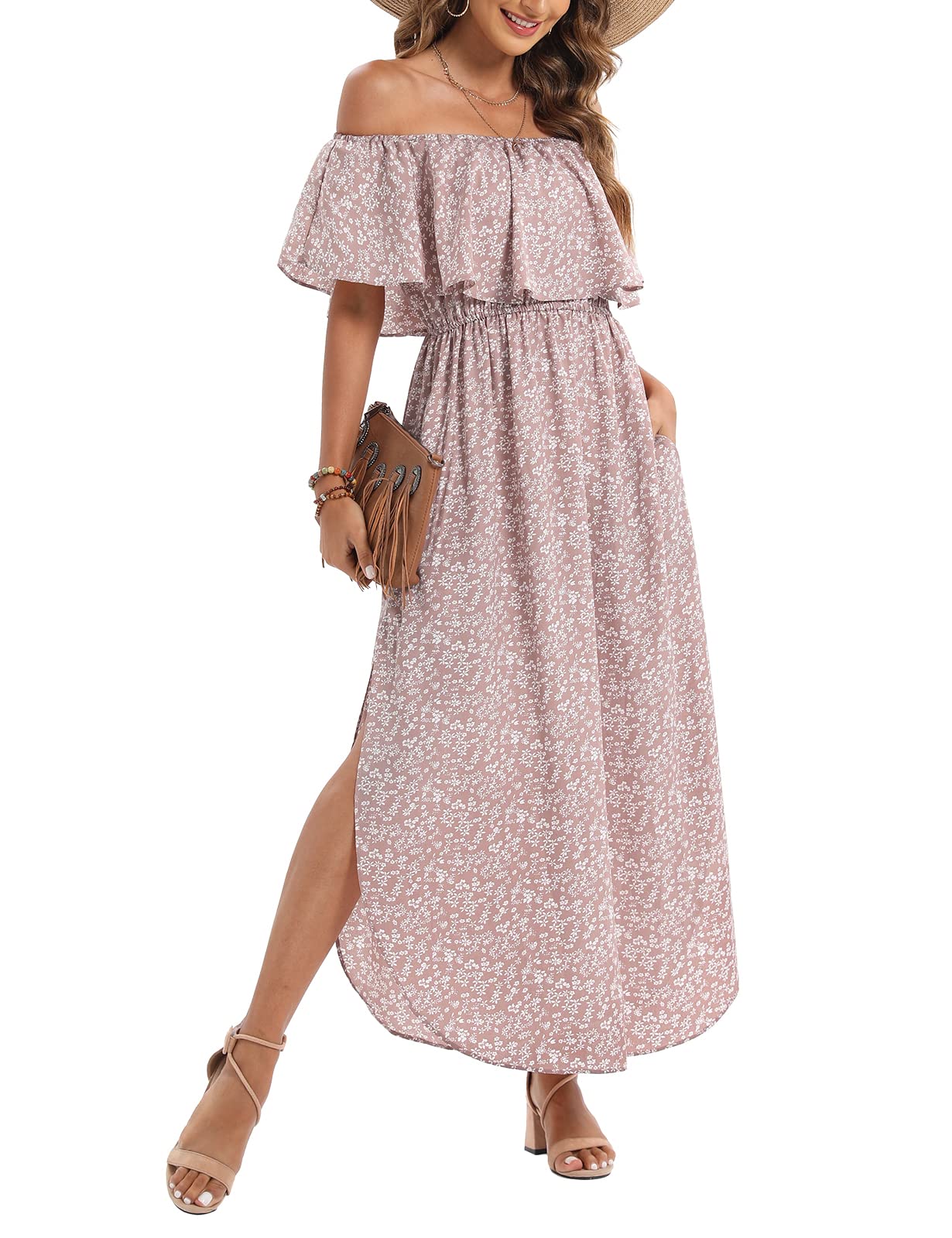 Women's Off-The-Shoulder Ruffle Party Dress with Side Slit - Elegant Beach Maxi Dress for Summer Weddings, Vacations & Night Out