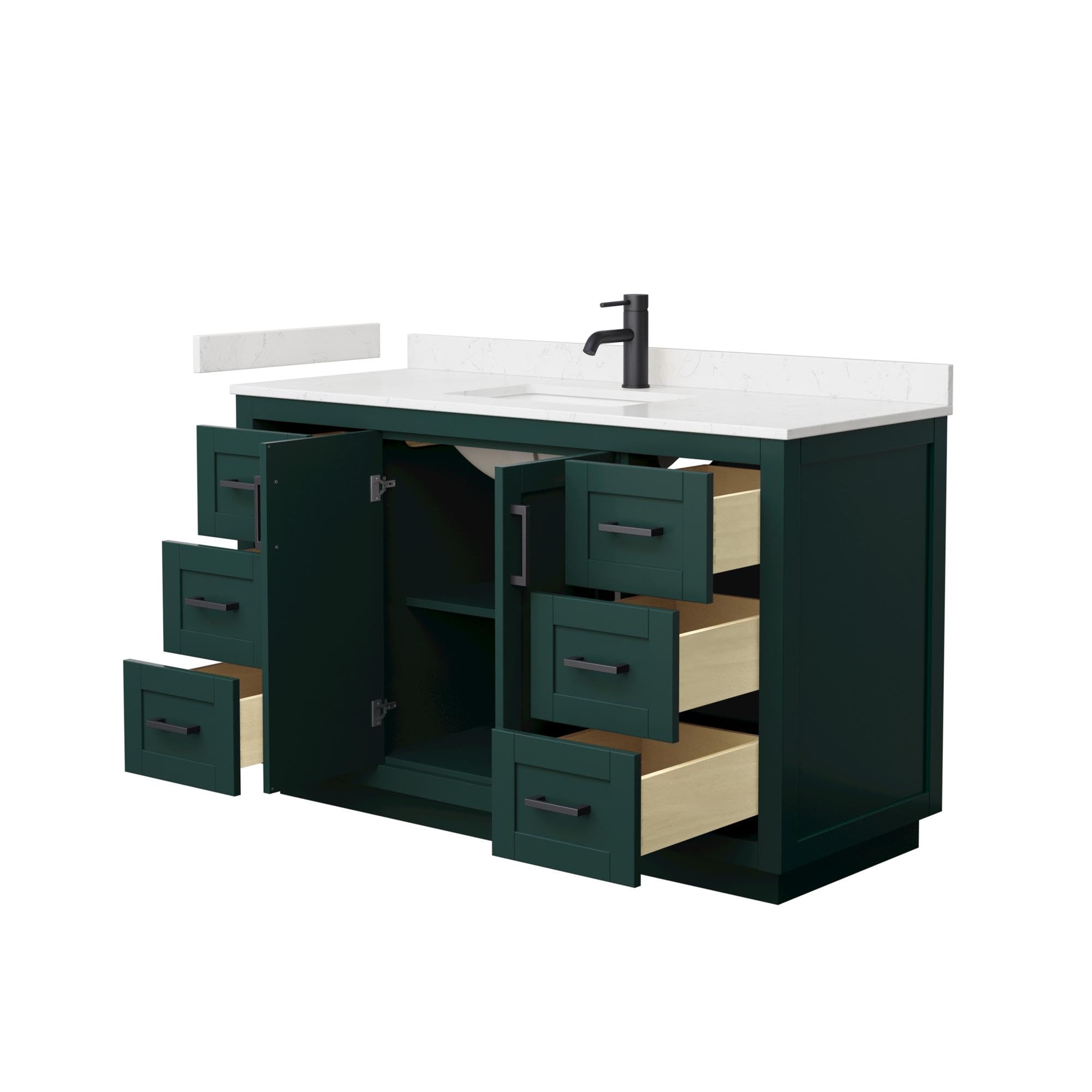 Wyndham Collection Miranda 54 Inch Single Bathroom Vanity with Light-Vein Carrara Marble Countertop & Undermount Sink - Green Finish, Matte Black Trim | Modern Bathroom Decor for Home Remodeling & Spa-Like Retreats