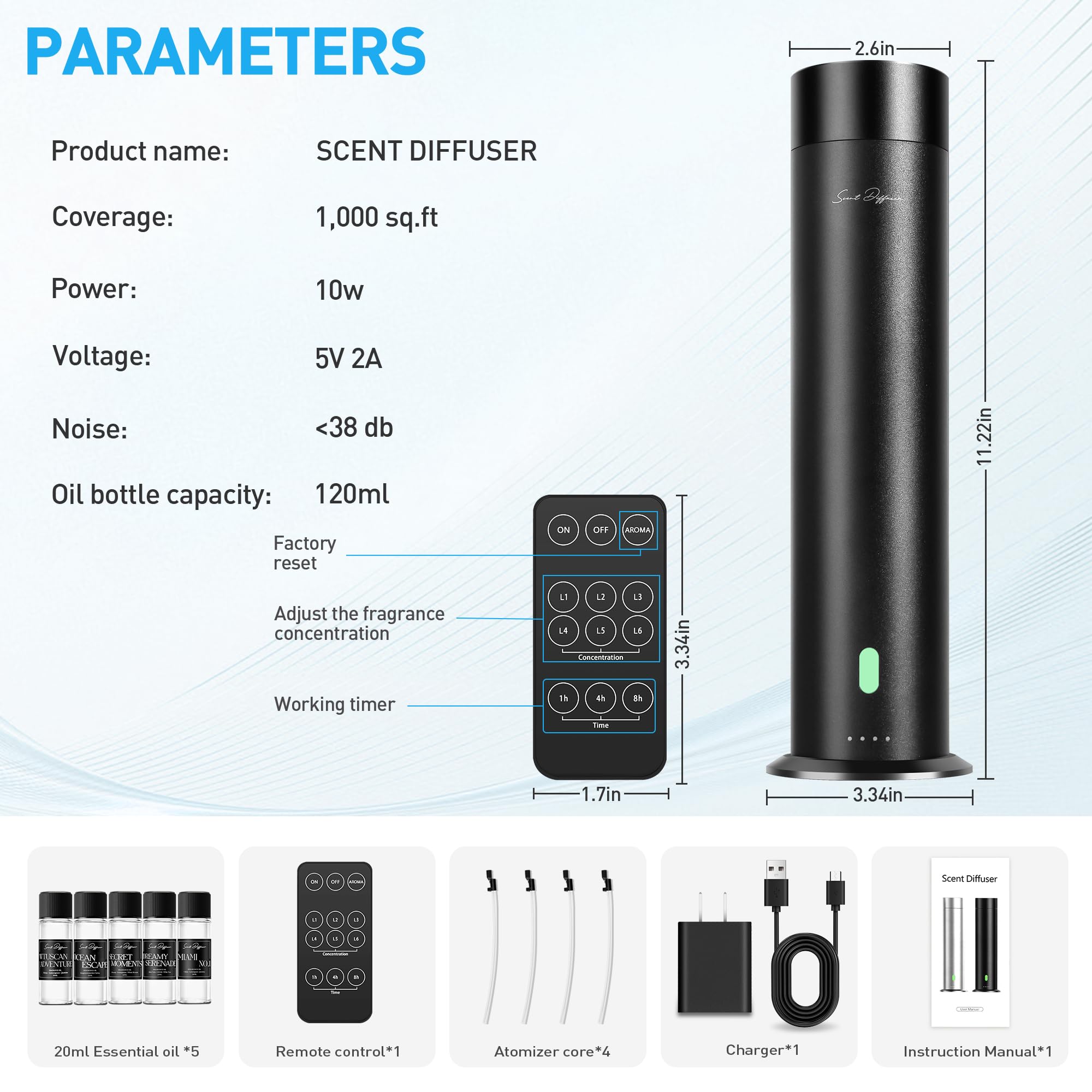 Waterless Scent Diffuser Starter Kit - 1000 Sq Ft Coverage, Hotel & Home Aroma Diffuser with Remote Control, Black (11 Inch) - Perfect for Living Rooms, Bedrooms, Offices, and Spas