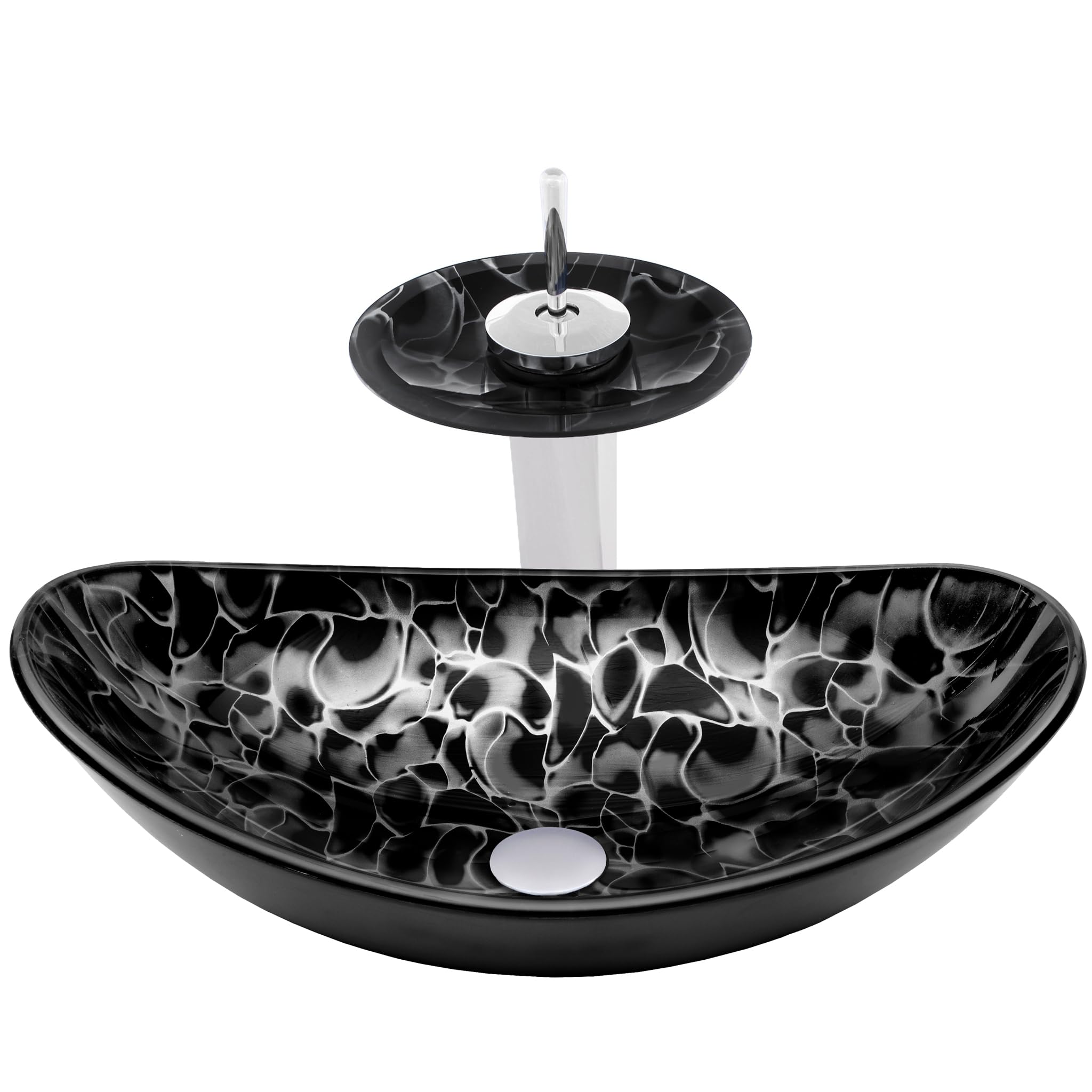 Novatto TARTARUGA Oval Glass Vessel Bathroom Sink Set with Chrome Faucet - Modern Above Counter Bathroom Vanity Sink for Contemporary Home Decor