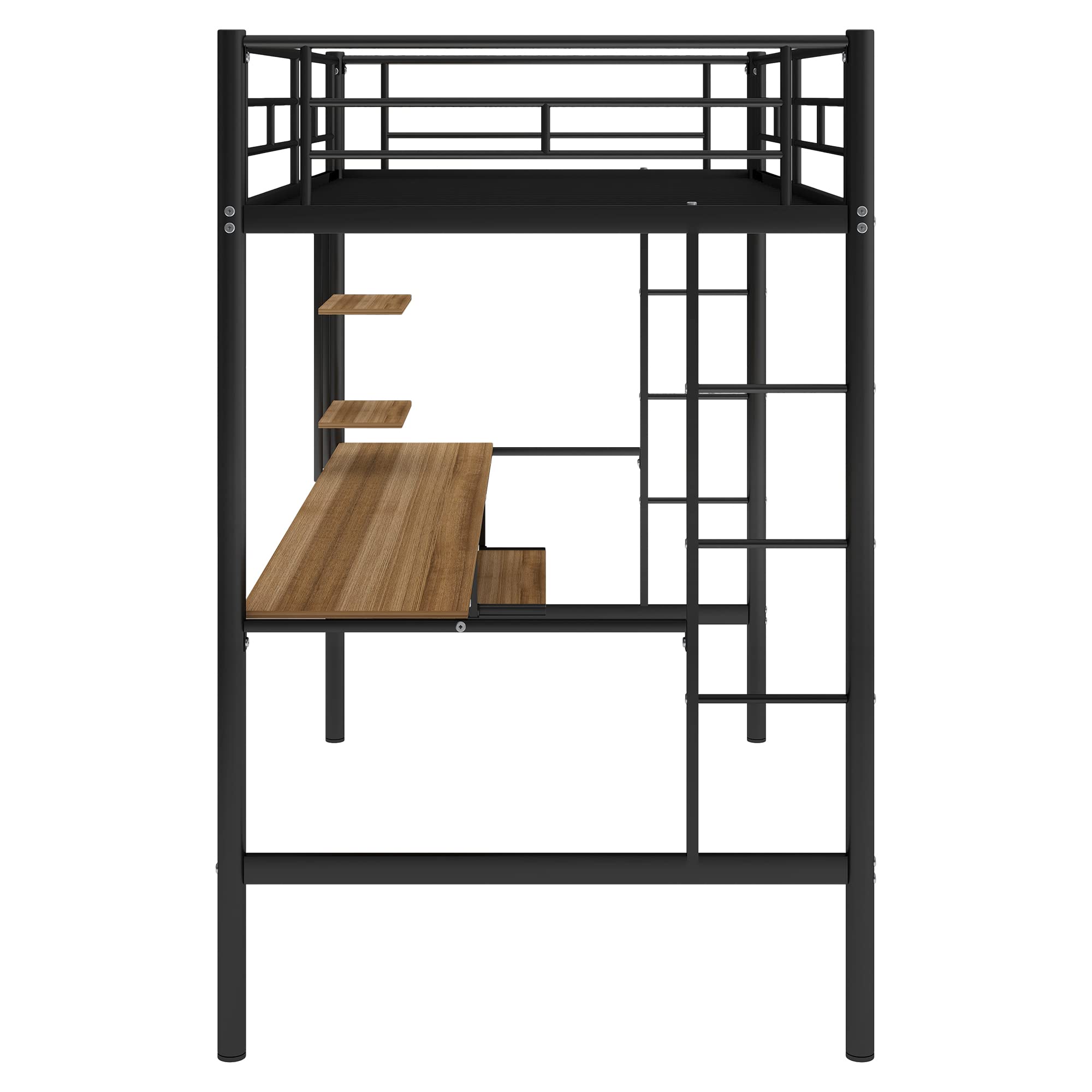 Merax Twin Size Metal Loft Bed with Long Desk & Keyboard Holder - Space-Saving Study Bed with 2 MDF Shelves, Full Guardrail & Ladder - Perfect for Small Rooms, Dorms & Home Offices (Black)