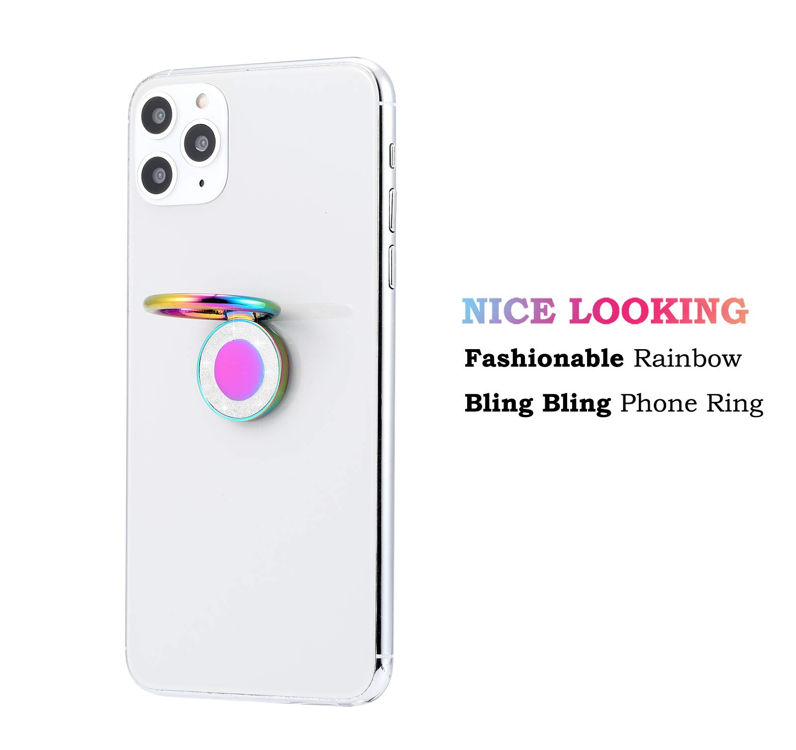 Rainbow Glitter Phone Ring Holder with Kickstand - Iridescent Sparkle Finger Grip for iPhone, Samsung & Most Smartphones - Perfect for Selfies, Watching Videos & Secure Phone Handling
