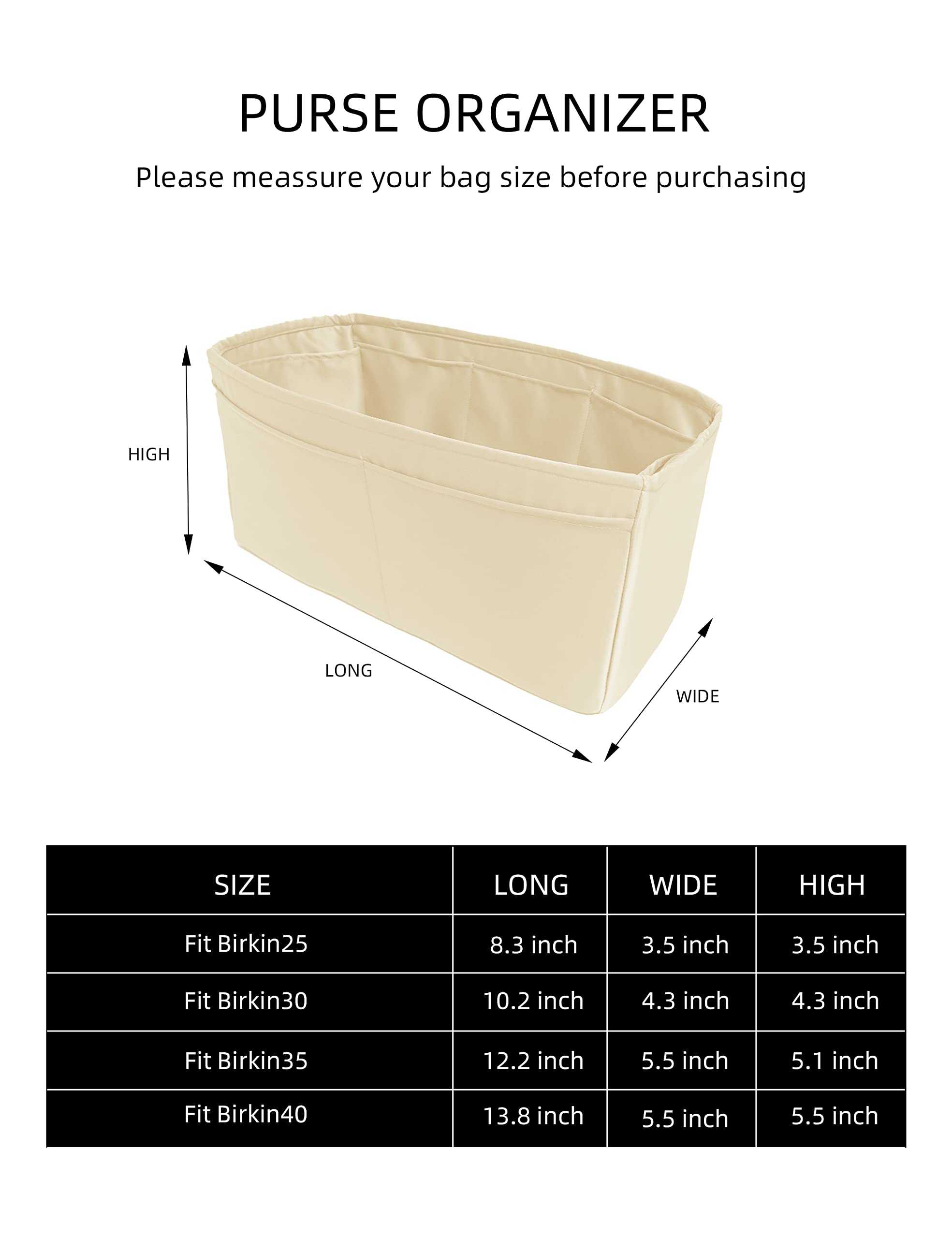 Premium DGAZ Purse Organizer & Handbag Shaper - White Luxury Silk Insert for Birkin 25 | Keeps Your Designer Bag Structured & Tidy | Perfect for Travel, Work & Everyday Use