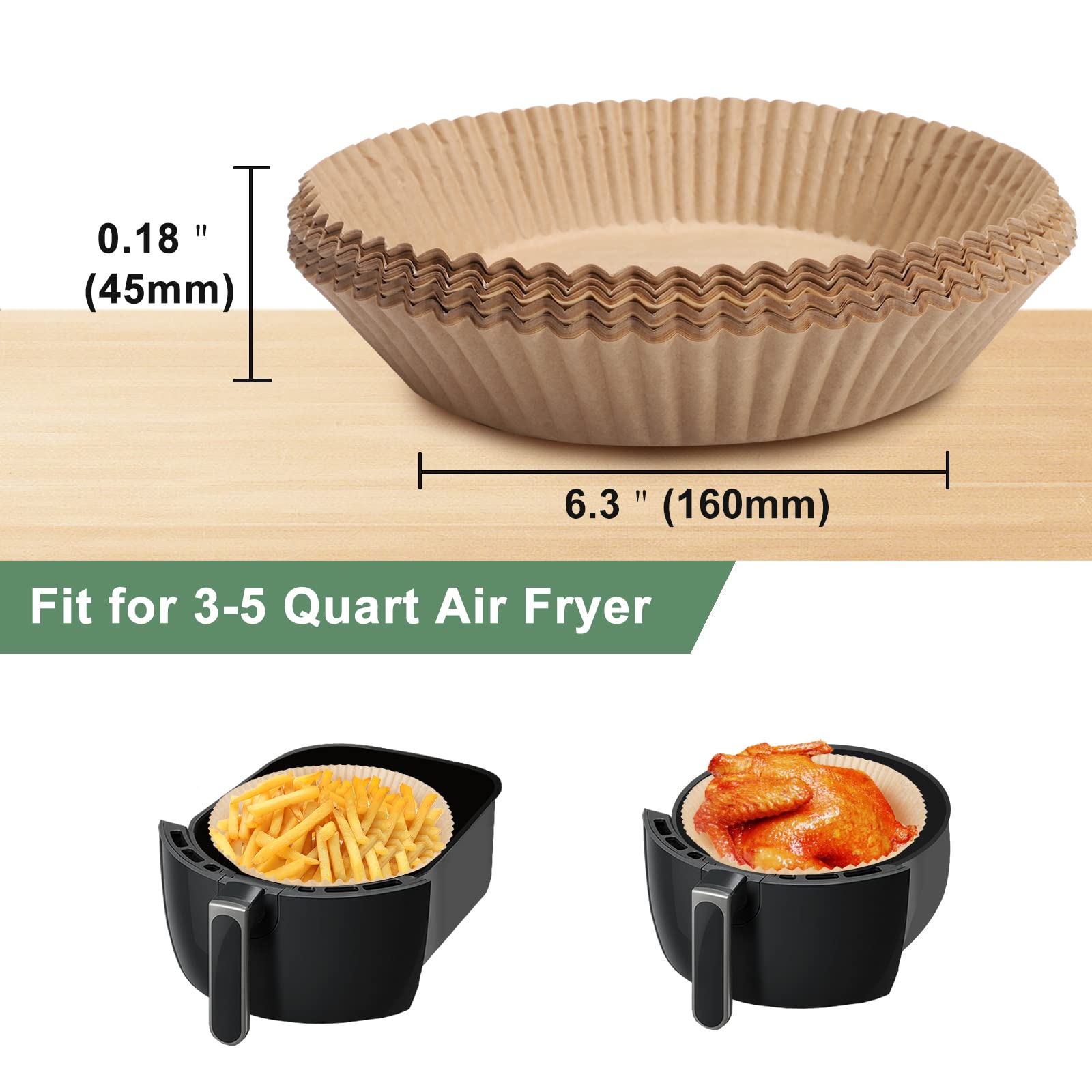 Eco-Friendly Air Fryer Paper Liners - 100Pcs Unbleached, Biodegradable & Non-Stick Parchment Sheets (6.3