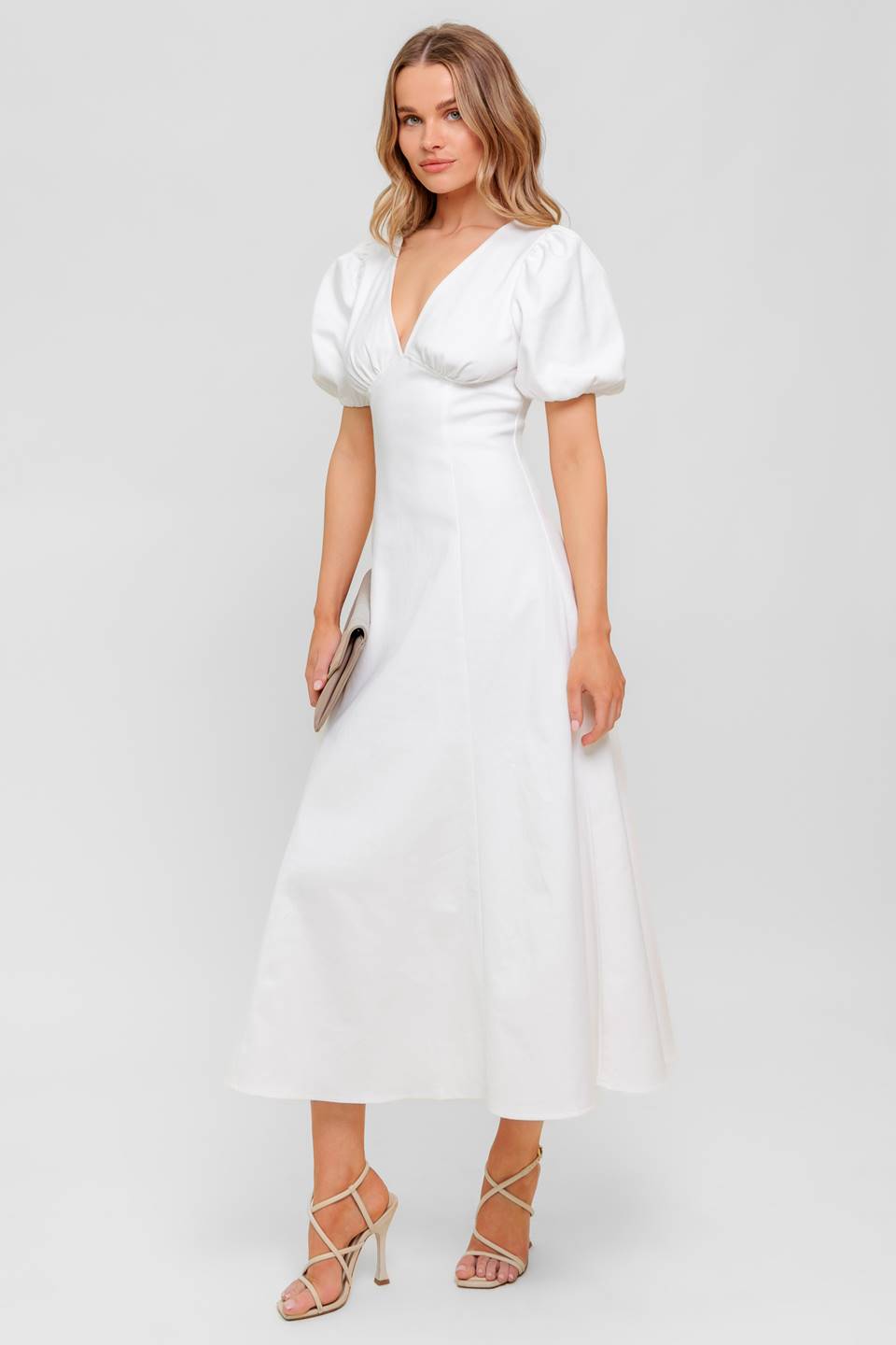 Glenda Midi Dress - White Denim Women's Casual Summer Dress for Beach, Party & Everyday Wear